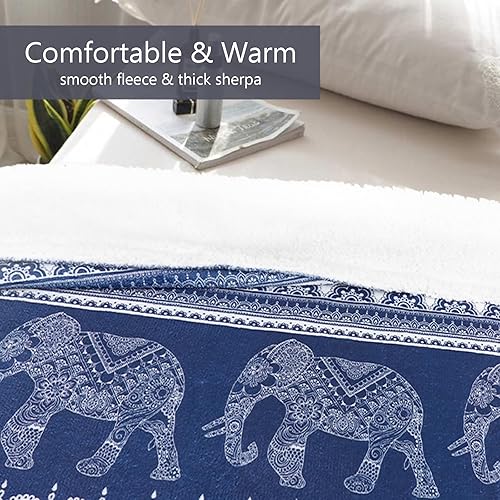 Miniatura 2 de shuownshg Manta de elefante Sherpa de forro polar azul marino, mandala floral azul elefante, manta bohemia bohemia de elefante para sofá, cama,