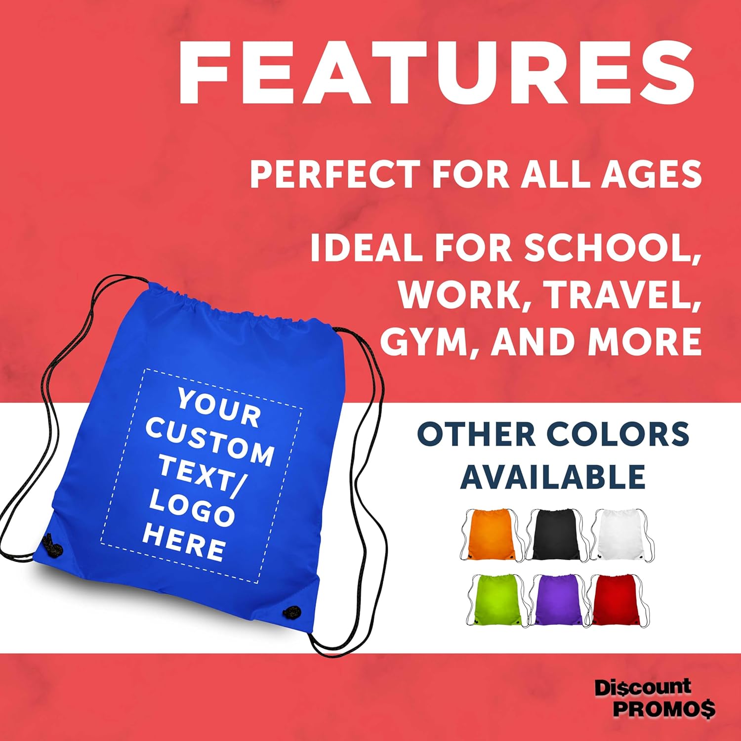 DISCOUNT PROMOS Custom Classic Polyester Drawstring Bagpack Set of 10/50/100, Personalized Bulk Pack - Great for Travelling, Gym and for Everyday Use - Royal Blue