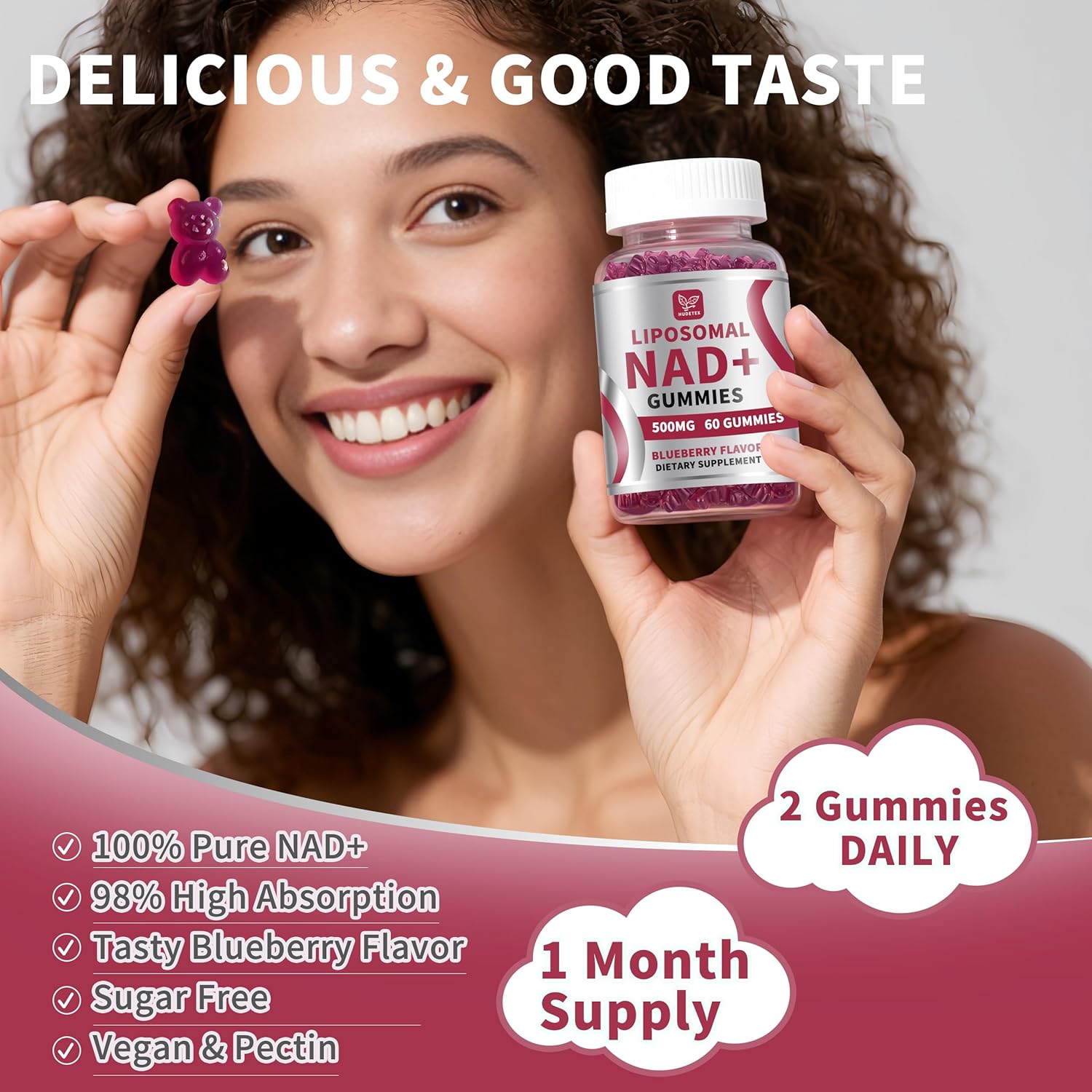 Hudetex (3 Packs) NAD Gummies Supplement for Women & Men, Pure 500mg Liposomal NAD - Cell Regeneration, Energy & Metabolism Support, Vegan,Sugar Free，Additives Free, 180 Counts,Blueberry Flavor