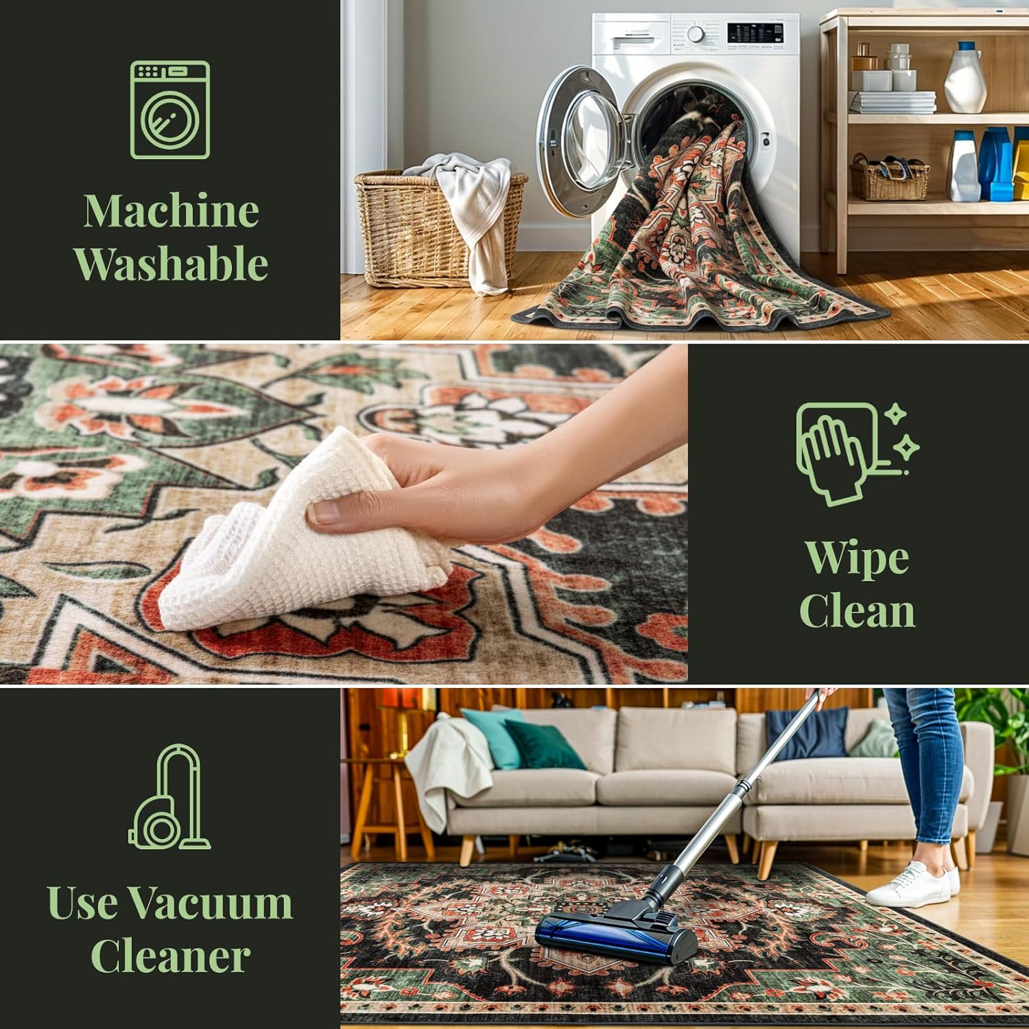 5x7 Ultra Soft Boho Area Rug, Washable Rug, Non Slip Abstract Rug Foldable, Stain Resistant Rugs for Living Room Bedroom, Vintage Fuzzy Rug (Blue Green, 5'x7')