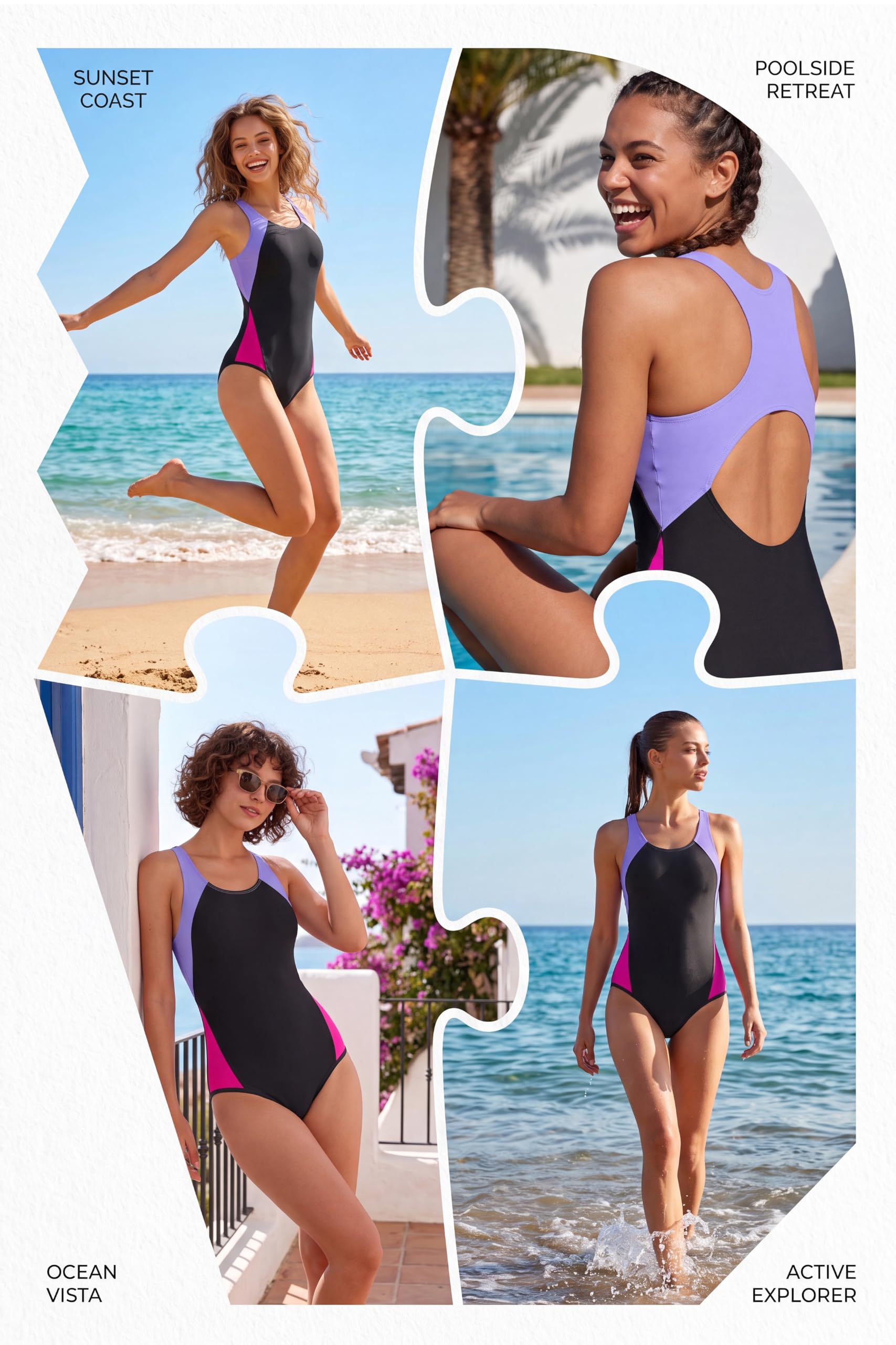 Damen Sportlicher Perioden Badeanzug Racerback einteilig zum Schwimmen | Breite Träger, Kontrastdesign und herausnehmbare Pads; integrierter Menstruationsschutz – ideal für Pool und Strand.