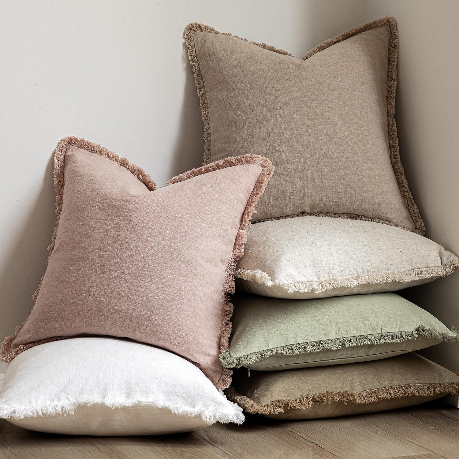 Foindtower Federa decorativa per cuscino con frange, in lino, accogliente, bohémien, con nappe, morbida, per sedia, divano, letto, soggiorno, decorazione per la casa, 66 x 66 cm, 1 pezzo, rosa chiaro