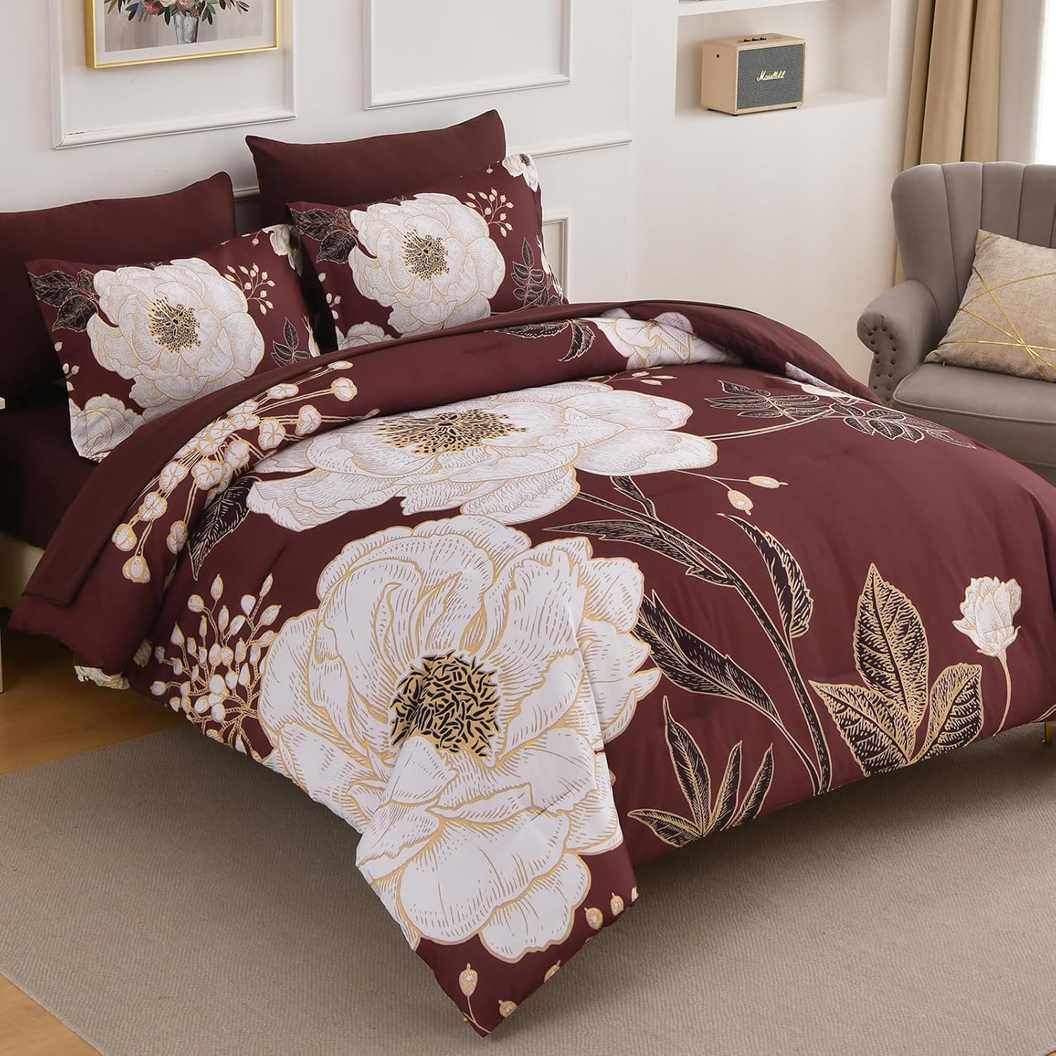 Luxudecor Burgundy Floral Queen Comforter Set 7 Pieces Bed in a Bag,Beige Flower Print on Burgundy Bedding Set,Soft Reversible Comforter with Sheets 90"x90"