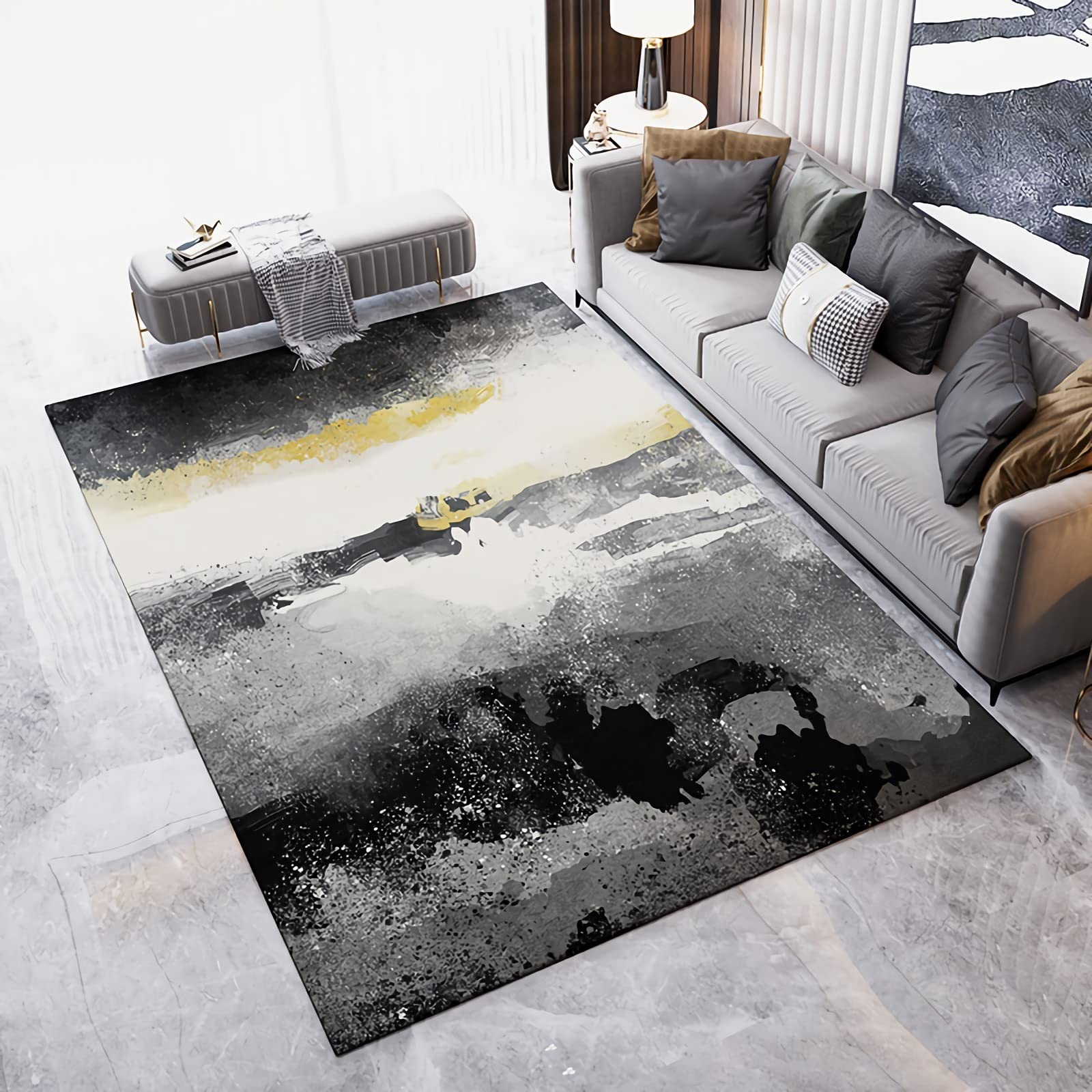 Tapis Decoration Chambre Garcon Bureau ado Tapis Tapis antidérapant de Salon de Style Peinture à l'encre Abstraite Jaune Gris Noir Tapis Chambre ado Garcon 80x120cm