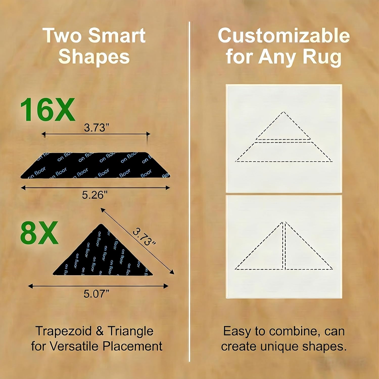 24 PCS Rug Gripper with Triangle & Trapezoid Design, Non-Slip Double-Sided Carpet Tape for Area Rugs, Adhesive Rug Pads for Hardwood Floors and Tiles, Keep Corners Flat (Black)