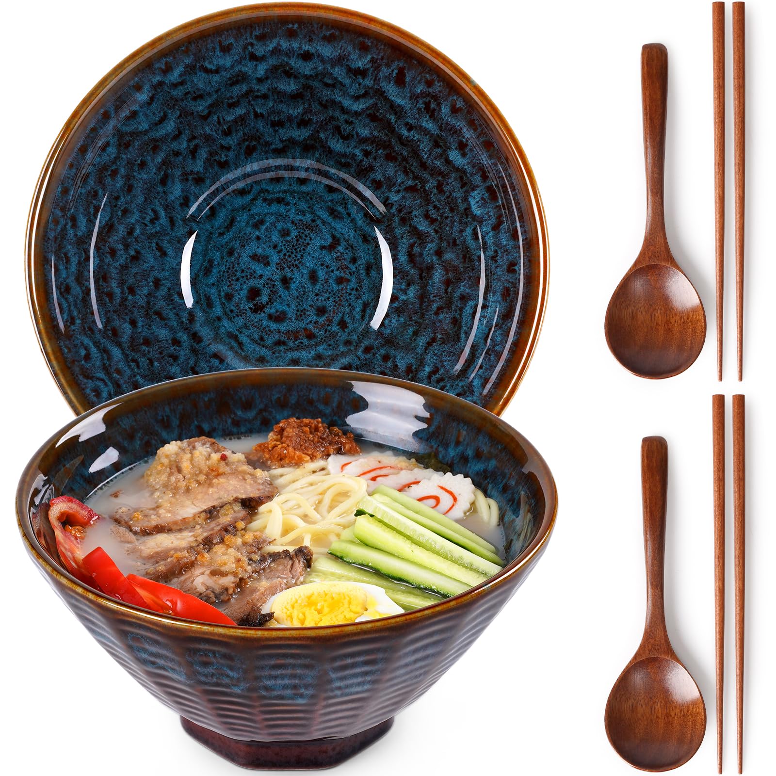 NUTRIUPS 2 cuencos de ramen de cerámica de 1500 ml con palillos y cucharas grandes de ramen, juego de cuencos de ramen, cola de pavo real