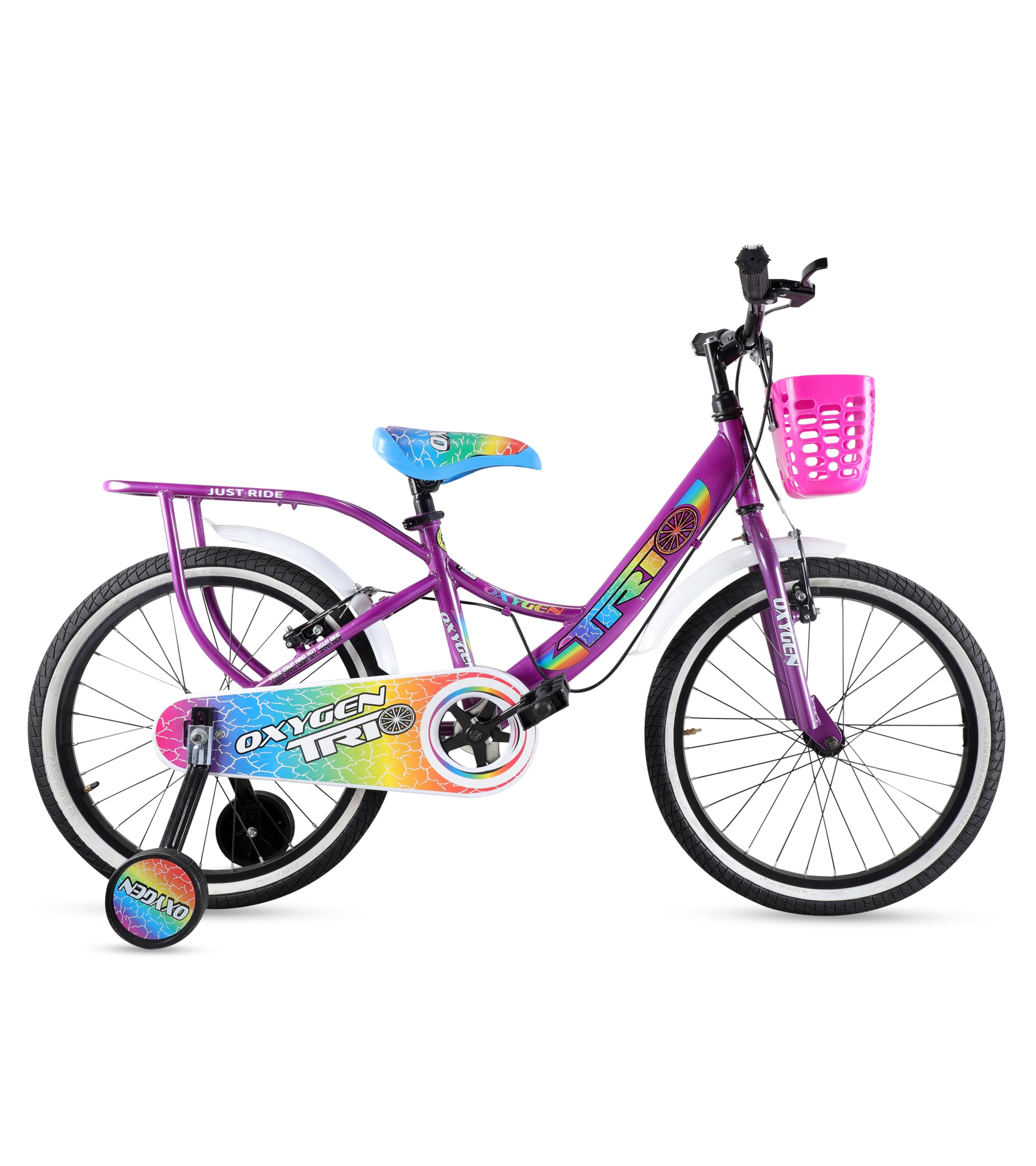 OXYGEN Trio 20T Kids Cycle for Boys & Girls | Bicycle for Kids 5 to 10 Years with Basket, Carrier, Support Wheels, 20 Inch Tyres, Steel Frame, Wire Brakes, PU Seat & Mudguards (Purple)-image-48