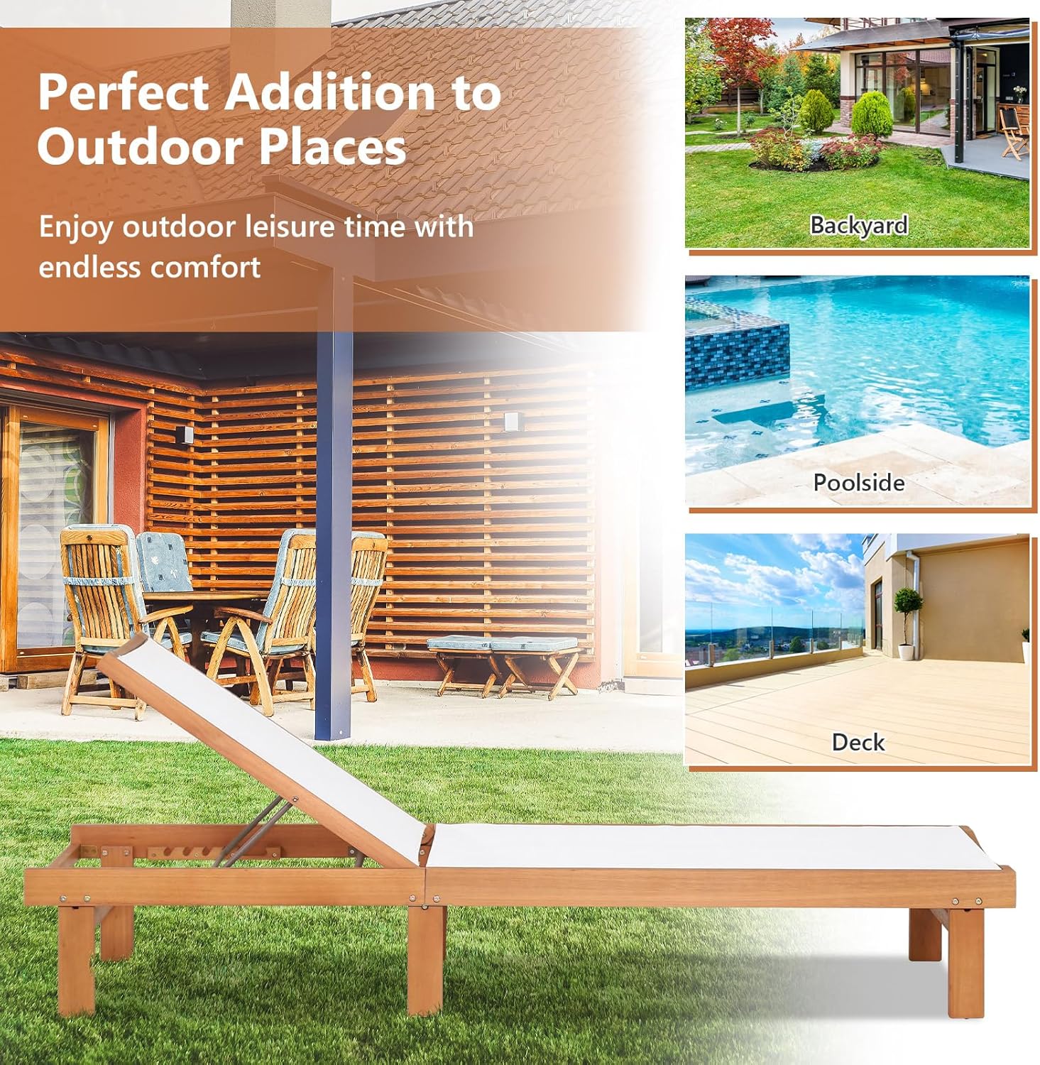 LDAILY Moccha Outdoor Chaise Lounge Chair, Patio Recliner Chaise Lounge with 5 Positions Backrest, Eucalyptus Wood Reclining Lounge Chair with Breathable Fabric for Backyard, Poolside, Lawn, White