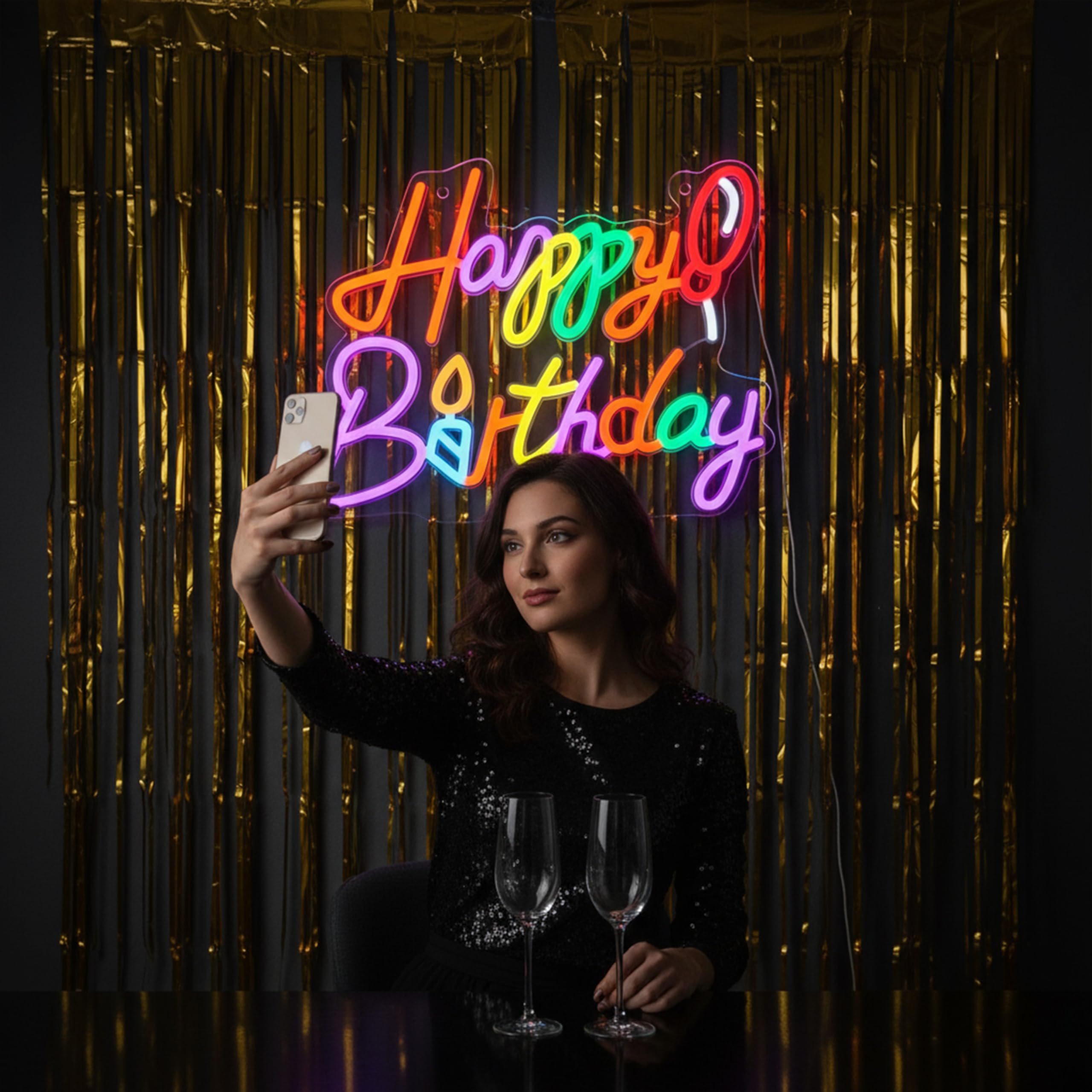 'Happy Birthday' neonowy znak LED z balonem i świecą, wielokolorowy, dekoracja na imprezę, do fotobudki i wydarzeń, zasilany przez USB, znak na prezent urodzinowy, 40 x 20 cm