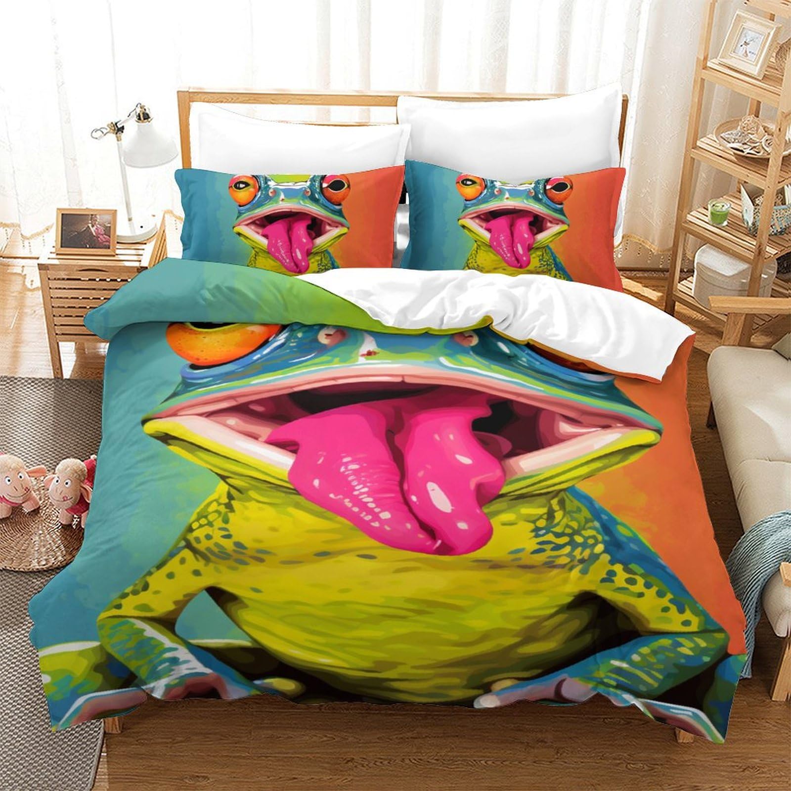 Housse de couette grenouille 3D parure de lit 140x200cm moderne doux avec taies d'oreiller