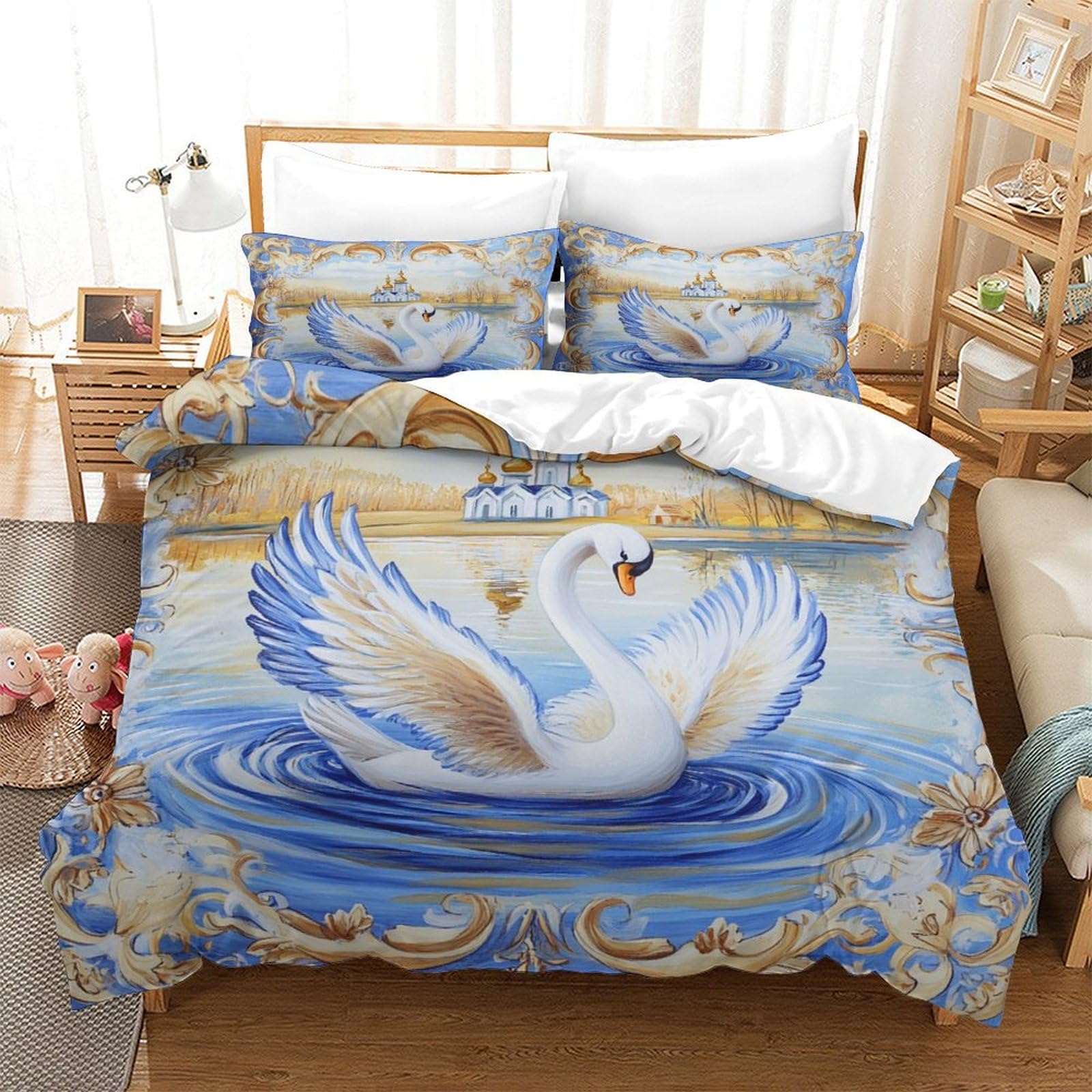 P1s9u7w5y Swan Elegant Lake 3D Printed Microfiber Duvet Cover Set 3Pcs, Artistic Bedding Set Double（200X200cm）