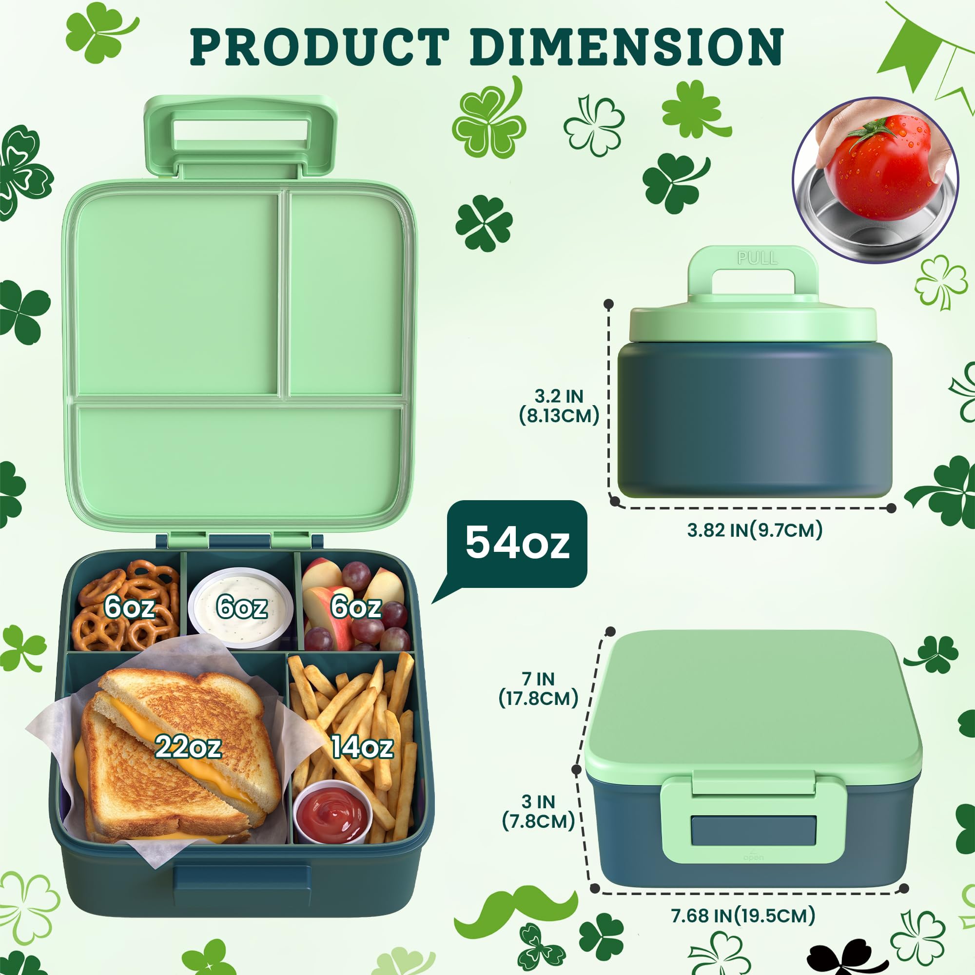 MAISON HUIS Bento-Lunchbox mit 237 ml Suppen-Thermo, 5 Fächern, auslaufsicherer Behälter, Thermobehälter für heiße Speisen und isolierte Lunchtasche, BPA-frei, Reisen, Schule (Grün)