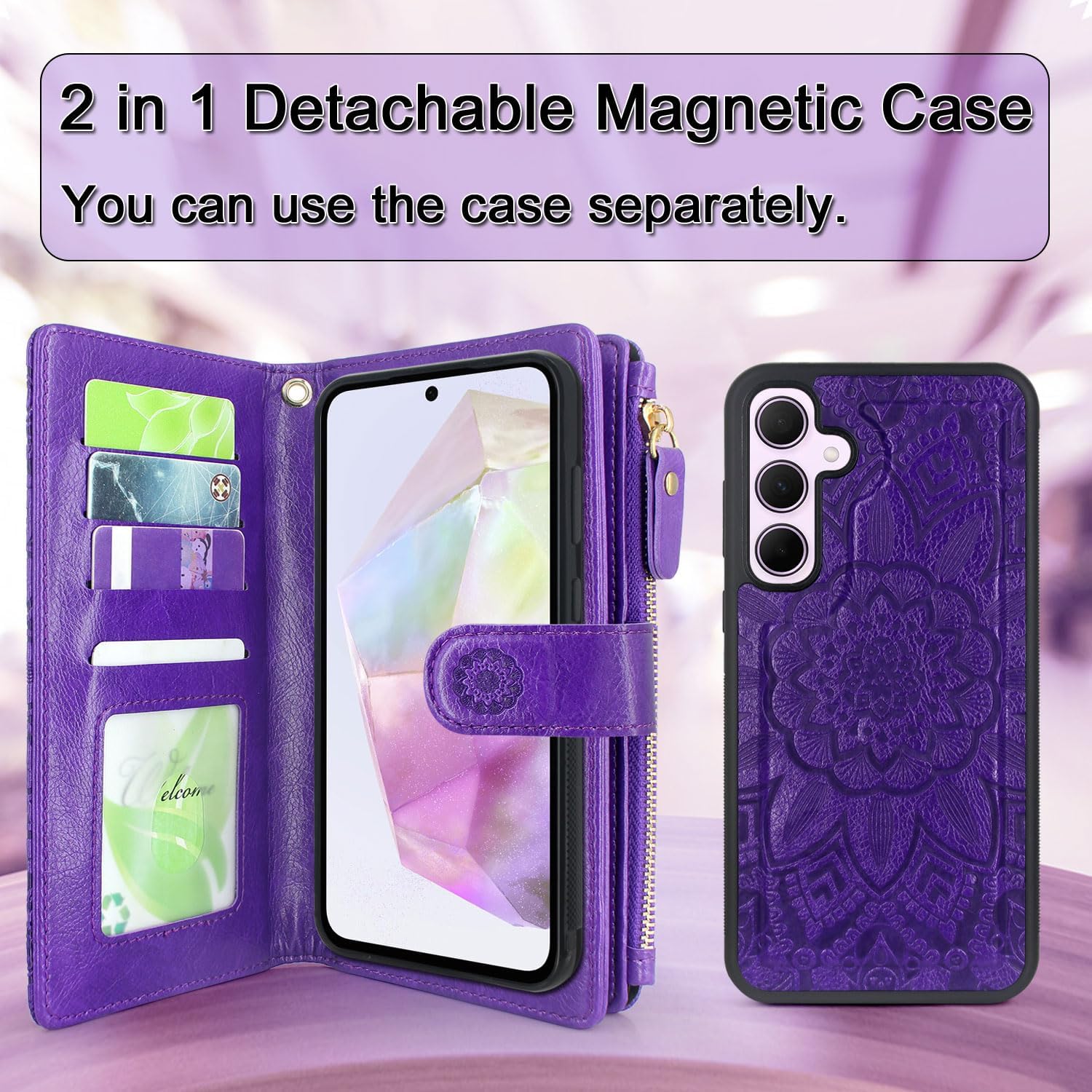Harryshell Detachable Wallet Leather Case Compatible with Samsung Galaxy A35 5G (2024) Magnetic Phone Case Zipper with Cash Coin Pocket Multi Card Slots Holder Wrist Strap Lanyard (Flower Purple)