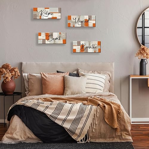 Miniatura 6 de 4 piezas de decoración de pared naranja para baño, decoración de pared naranja con citas relajantes, arte abstracto de madera colgante de pared para