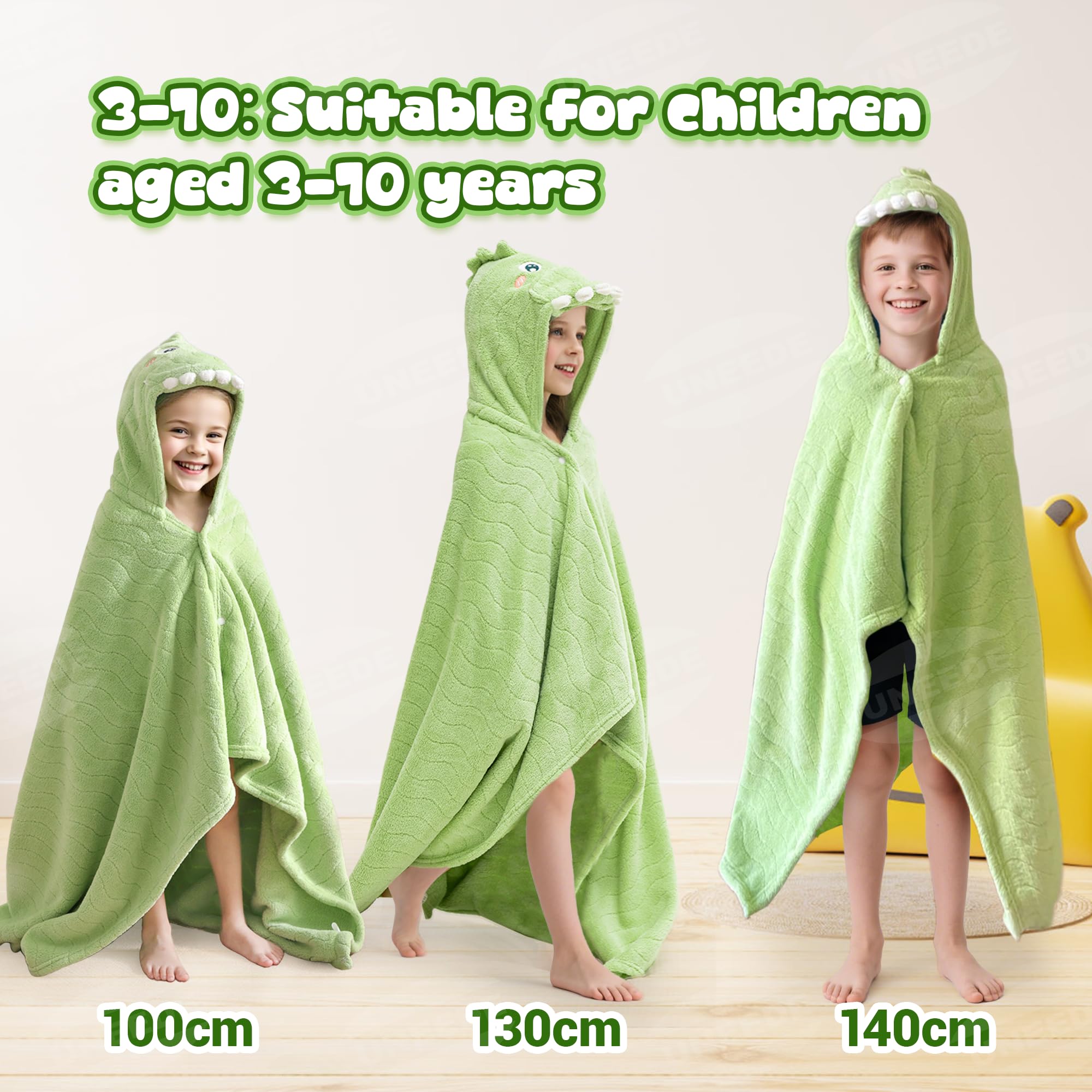 UNEEDE Badeponcho Kinder - Weiches Kapuzenhandtuch Mit Dino-Motiv 80x120cm
