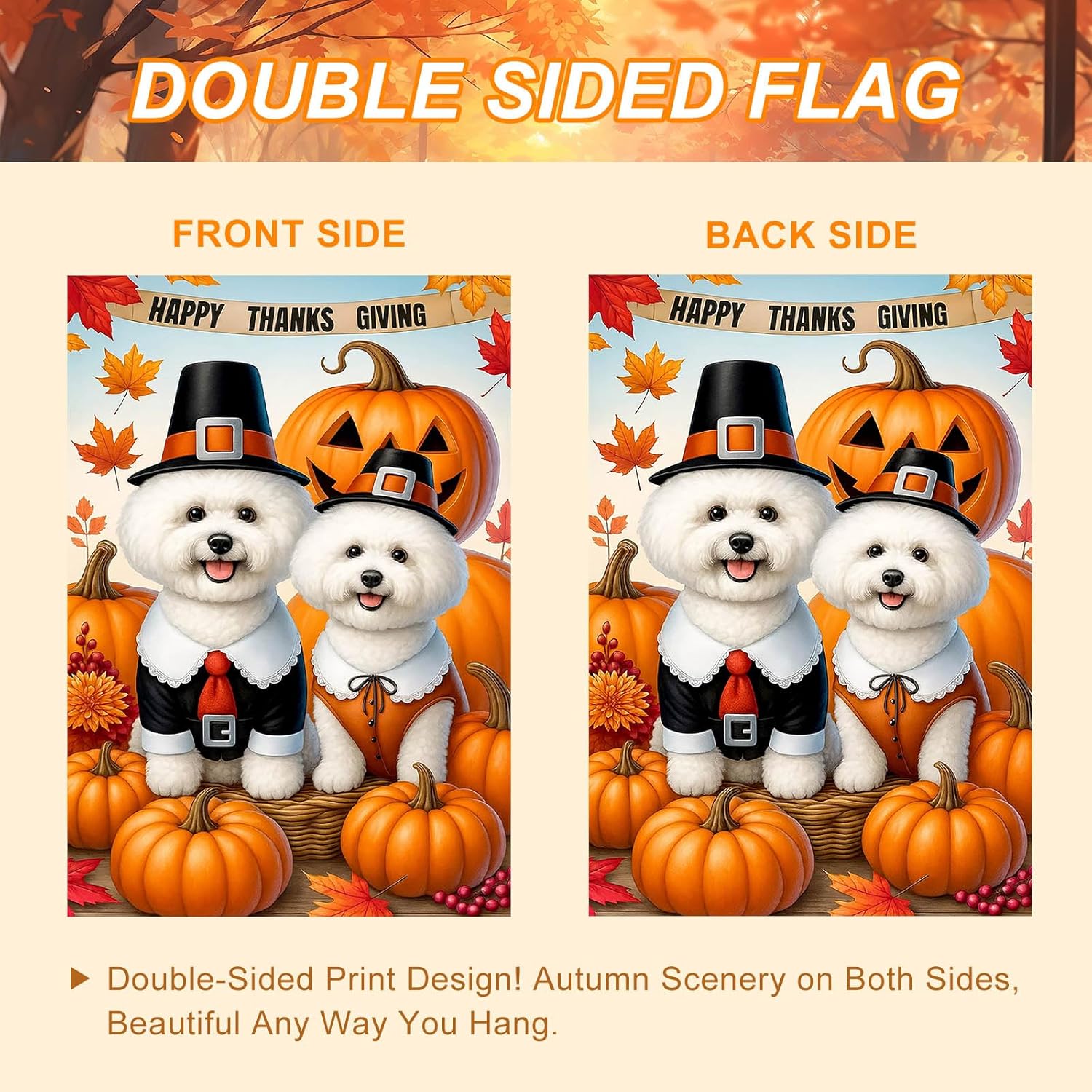 IVN Fall Thanksgiving Garden Flag 12x18 Inch Double Sided White Dogs Pilgrim Outfits Pumpkins Fall Yard Flag for outside Home Front Door Lawn Porch Patio Welcome Decor - Image 4