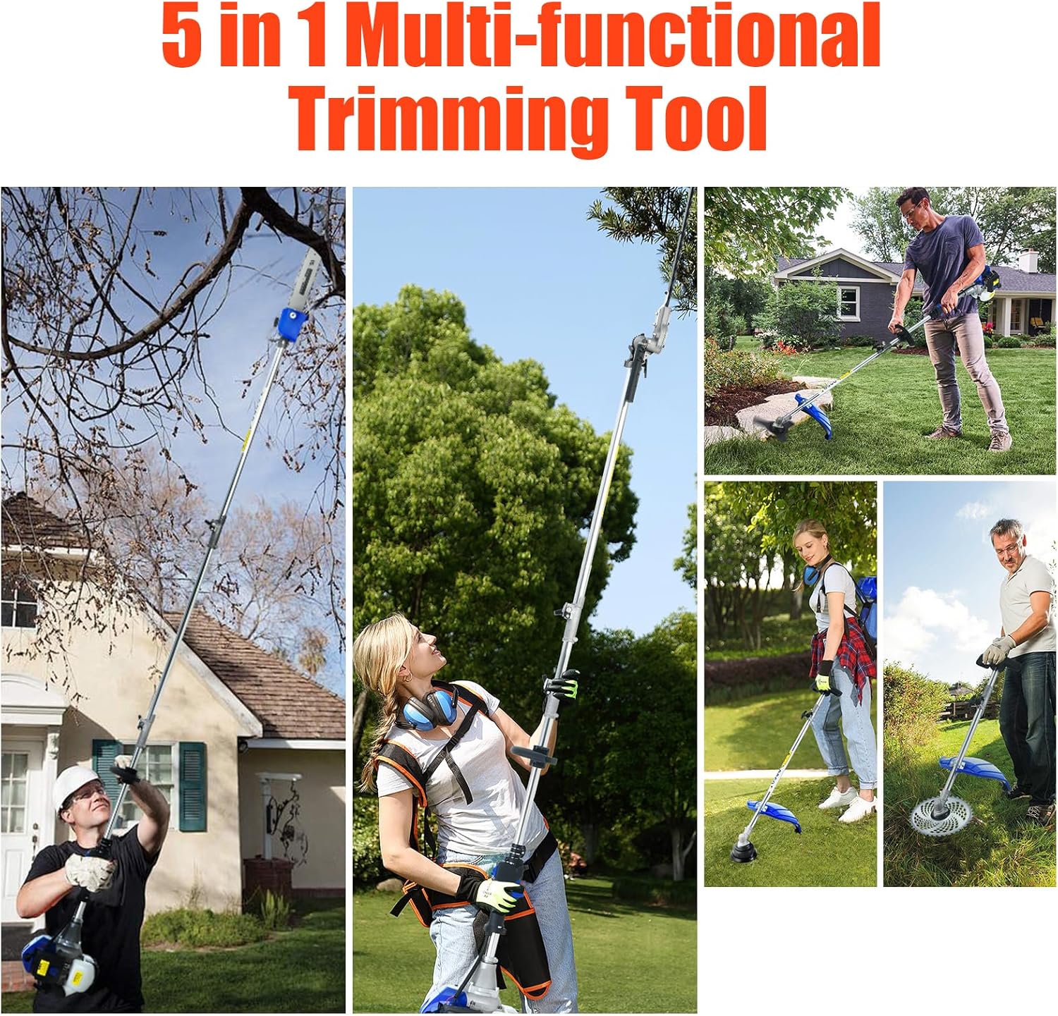 5 in 1 Multi Functional Trimming Tools 41.5cc Gas Hedge Trimmer Weed Eater String Trimmer Brush Cutter Pole Saw for Tree Trimming Grass Brush Cutting