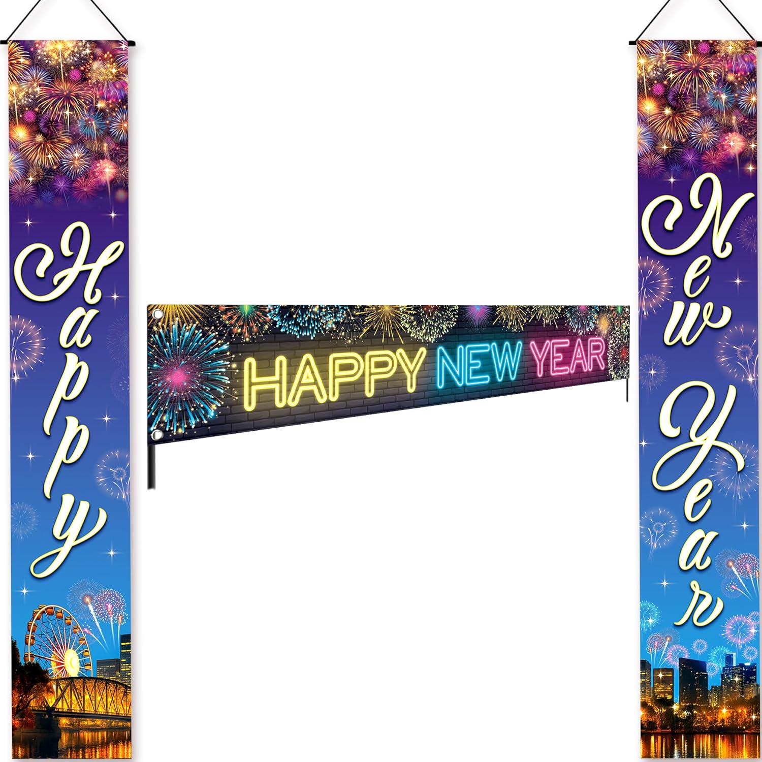 KatchOn, Happy New Years Decorations 2026 - Pack of 2 | XtraLarge - Neon Happy New Year Banner & XtraLarge Happy New Year Banner Blue