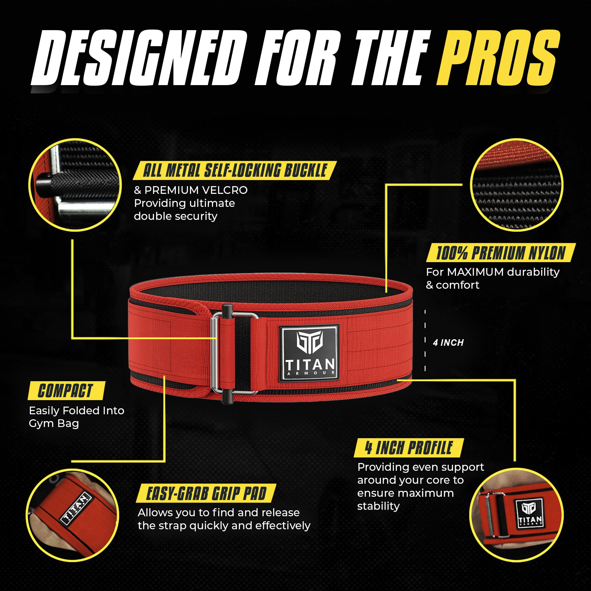 Titan Armour® Premium Self-Locking Weight Lifting Belt, Red, Medium - Image 2