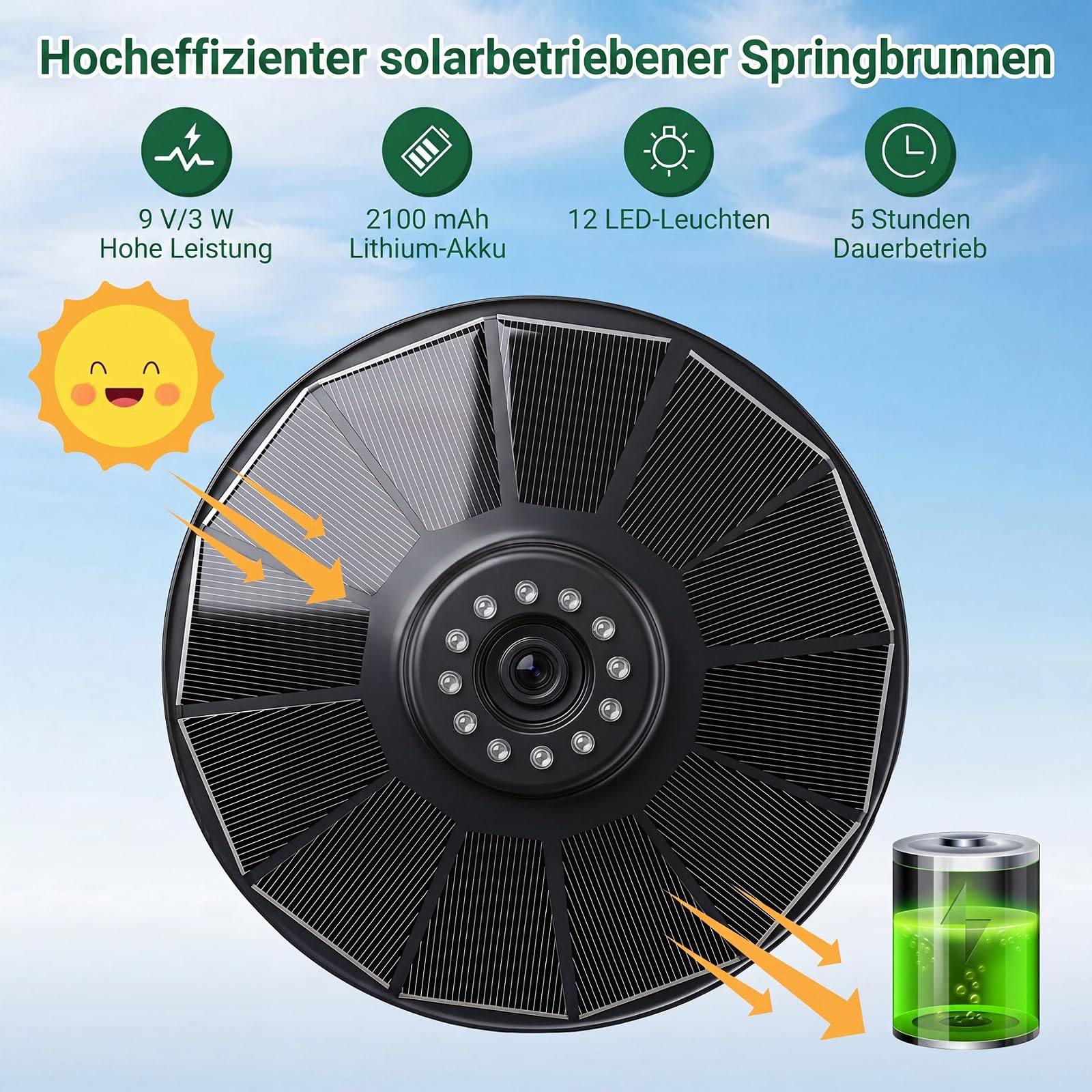 COSTWAY Solarbrunnen für draussen, Solar Springbrunnen mit LED Beleuchtung in 7 Lichtfarben & 4 Düsen, Gartenbrunnen Marmoroptik, Brunnen Solar Outdoor, für Garten Balkon Terrasse, 50,5 x 50,5 x 25 cm