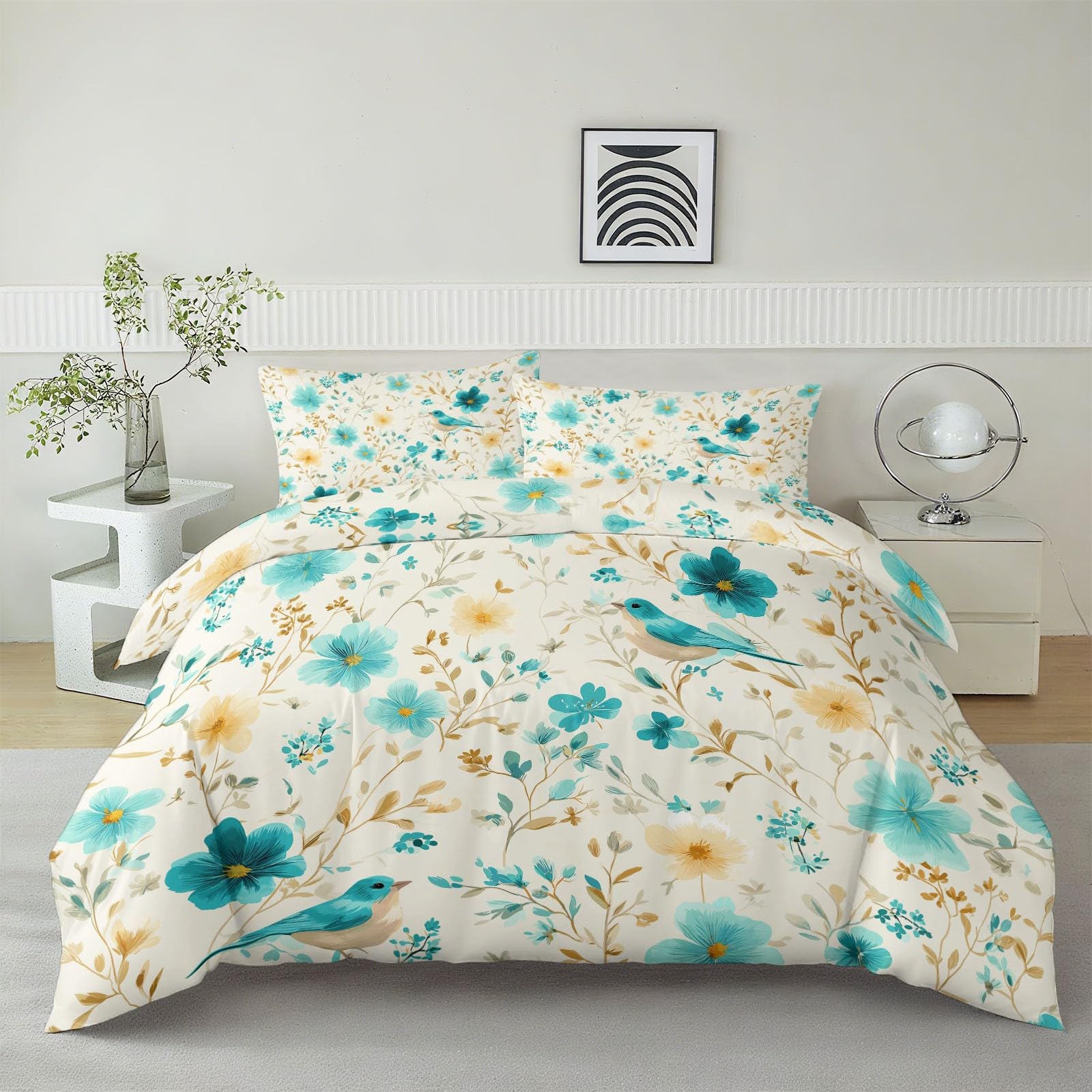 Poszwa na kołdrę w stylu retro ptak kwiat złamana biel 240 x 260 cm zestaw pościeli z miękkiej i dwustronnej mikrofibry - oddychająca i nieprasująca zapewniająca miękki sen - z zamkiem błyskawicznym i