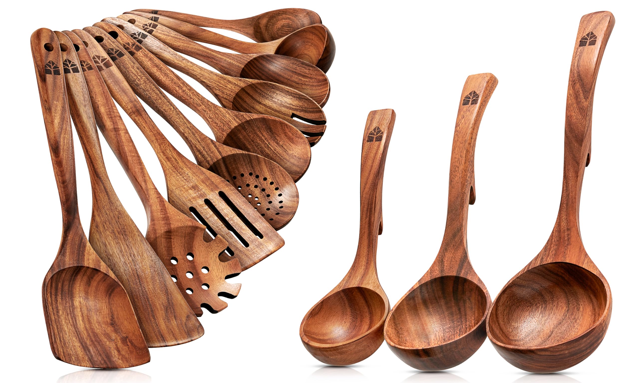 Ustensiles de Cuisine Bois en Teck – Ensemble 10 Pièces avec Cuillère & Spatule + Lot de 3 Louches à Soupe avec Crochet – Anti-Rayures, Résistants à la Chaleur, Durables