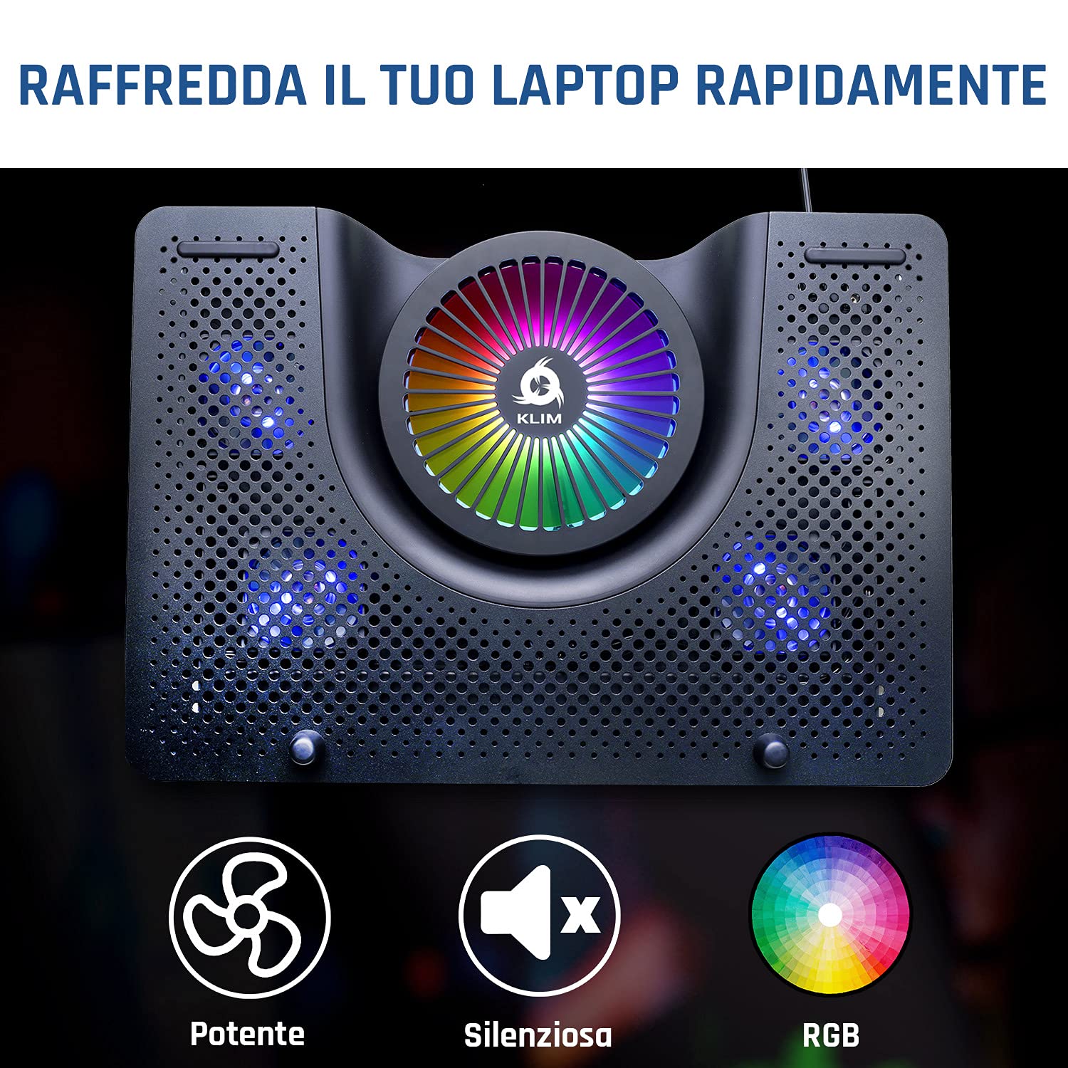 KLIM Nova - Base di raffreddamento RGB per PC portatili da 11" a 17" - Supporto di raffreddamento per laptop da gaming - USB - Stabile e silenzioso - Compatibile con Mac e PS4 - Novità Versione