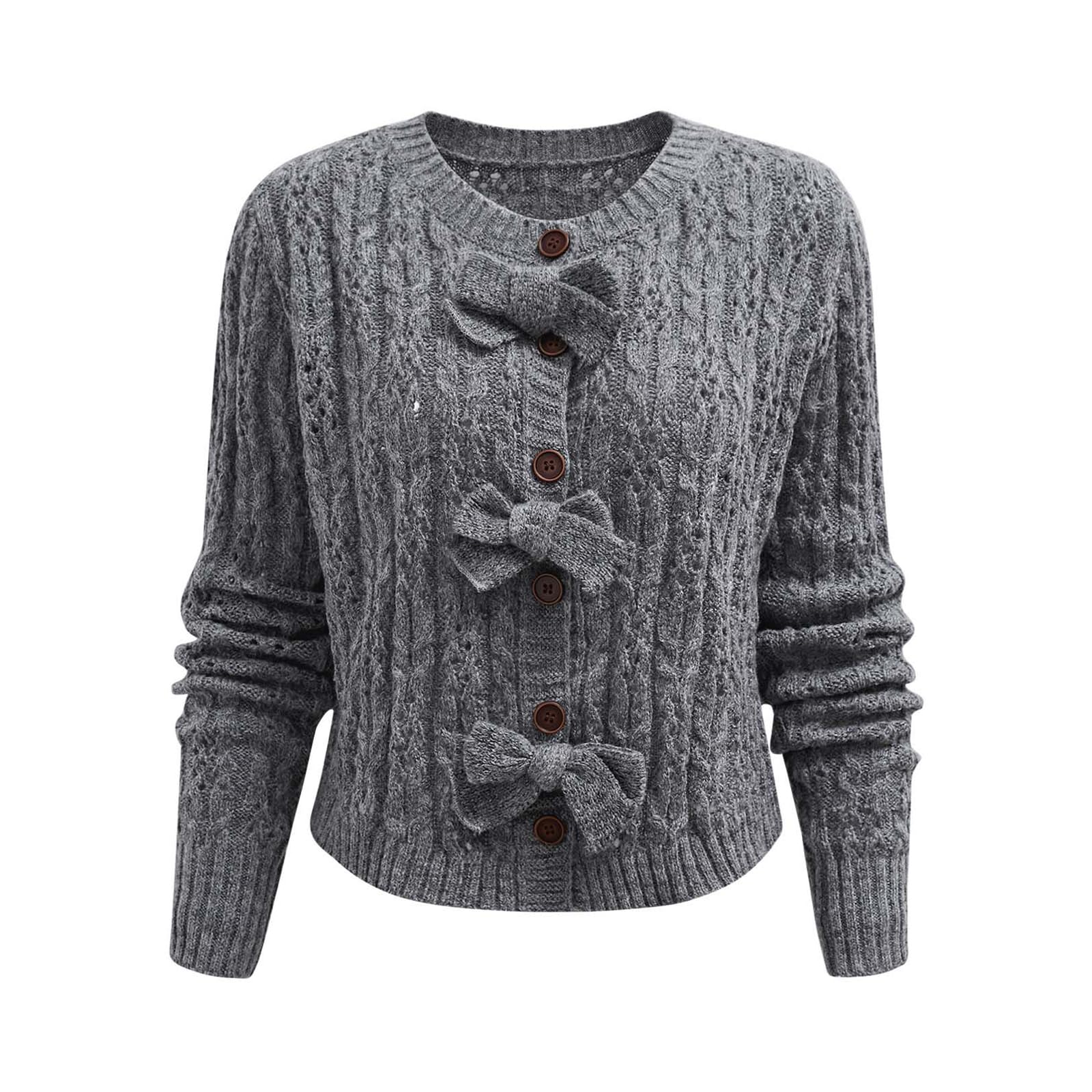 CHICWISH Women Hollow Out Cable Knit Cardigan Bowknot Button Up Crewneck Long Sleeve Casual Sweater Cardigan Coats