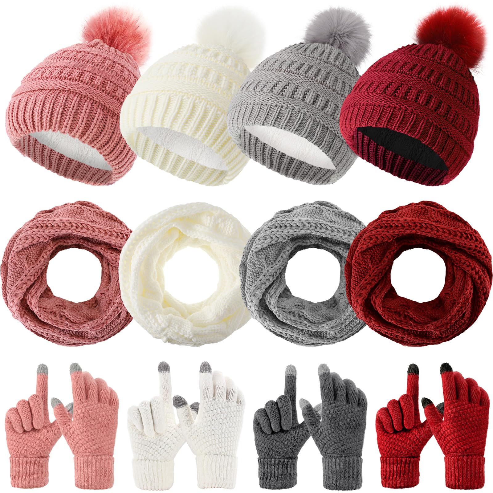Liitrsh Set di 12 guanti invernali da donna, berretto, sciarpa, guanti, scaldacollo, guanti touchscreen, comodi, morbidi e caldi