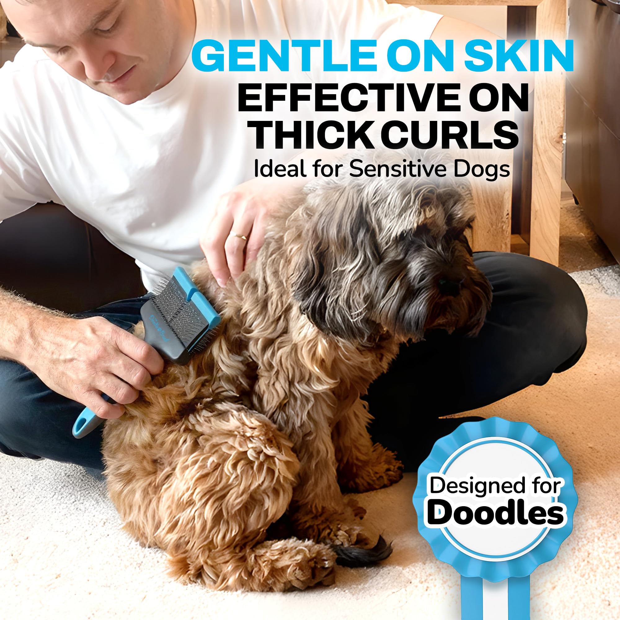 The Doodle Brush Brosse Lissante Double Tête pour Chiens Slicker | Démêle les Nœuds, Longues Épingles, Tête Flexible, Manche Ergonomique, Pour Doodles, Toilettage Quotidien