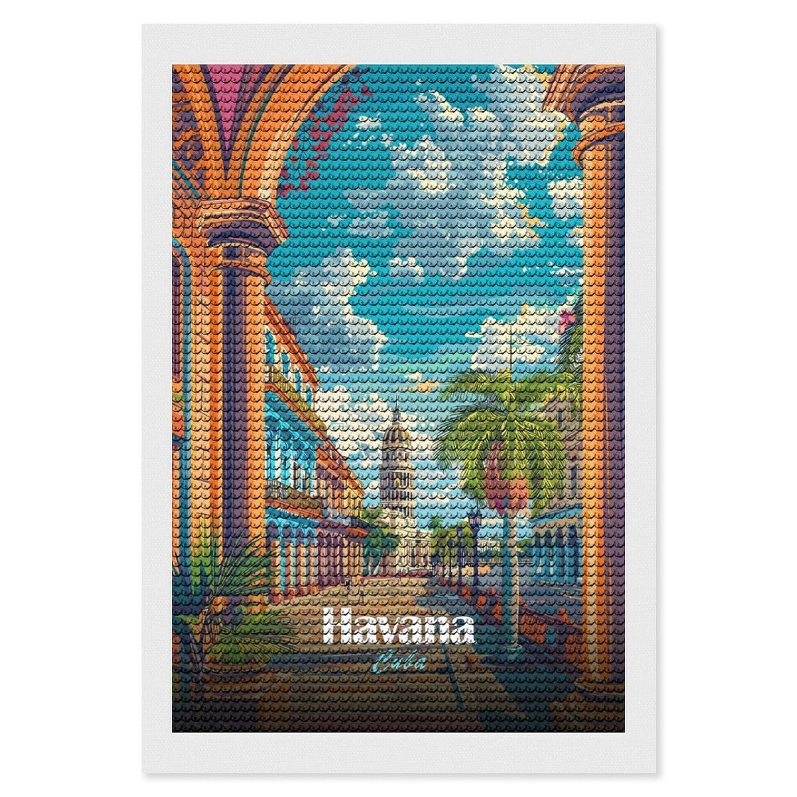 Junmoney Colorful Havana Cuba Cityscape Illustration Round Drill Diamond Painting 8"x12", for Craft Lovers, Stress Relief Craft, Bedroom Decor, Festive Craft Gift