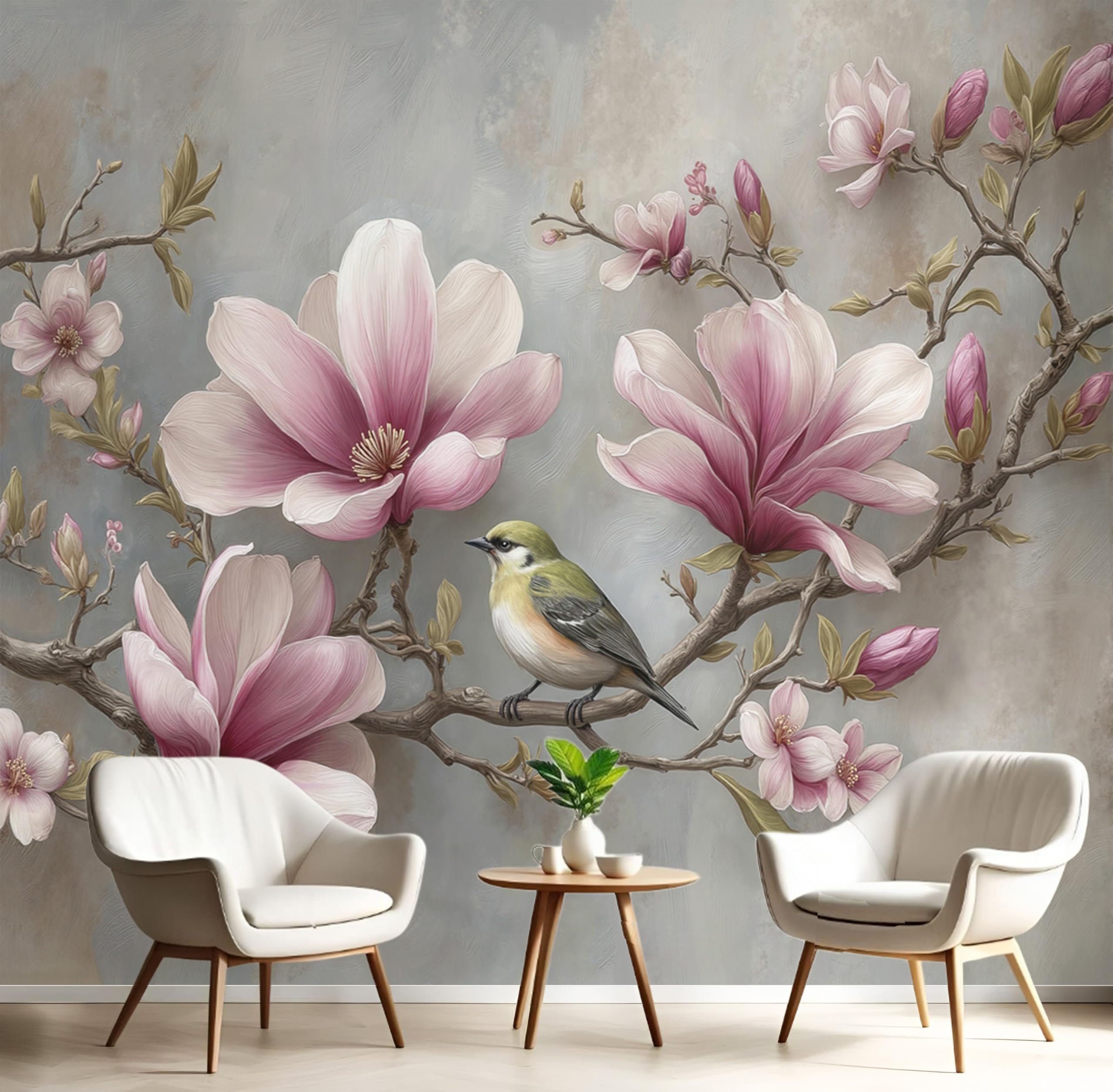 Art Papel Tapiz Fotográfico Flores Magnolia Rosa 3D Papel Pintado 300 × 210 cm Decoración De Pared Sala Cuarto Póster Mural Para Sala De Estar Dormitorio Decoración, Rubor En Polvo