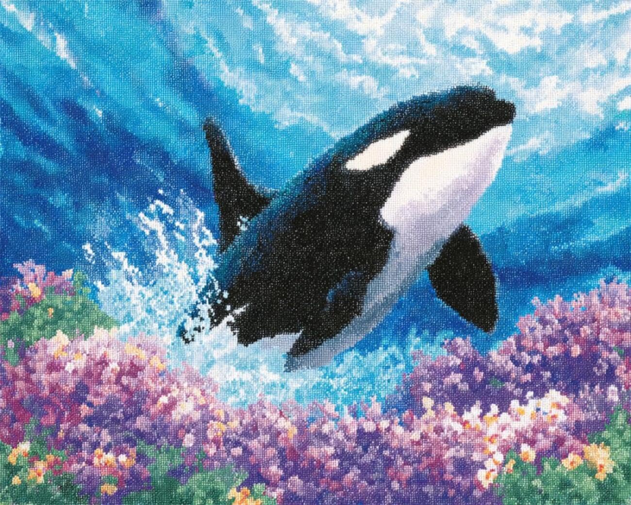 AxiangziK DIY Stamped Cross Stitch Kit Whales and Flowers 11CT 40x50cm