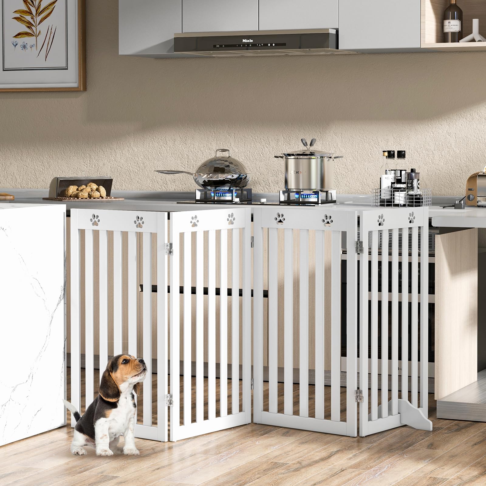 SOARS Absperrgitter Hund, 204x90cm Hundegitter Wohnung mit 2 Stützfüßen, Faltbares Schutzgitter, Treppengitter, Absperrgitter für Küche, Flur, Kamin & Ofen, 4 Paneelen, Weiß
