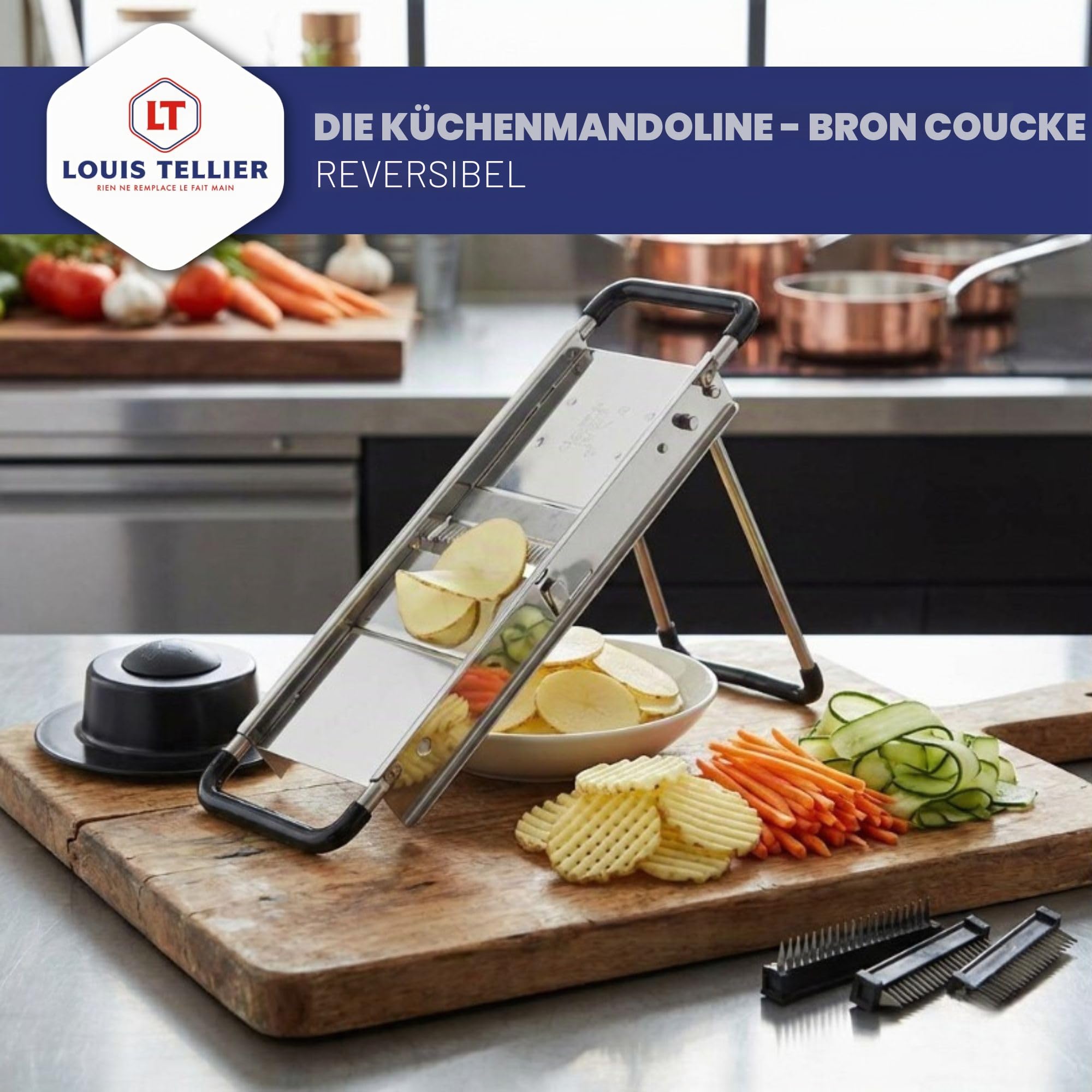 LOUIS TELLIER | Hobel Typ Mandoline du Chef | Umkehrbar (Pommes Frites und Julienne 2-4-7-10 mm) | 38,5x11,5x23 cm | Made in France