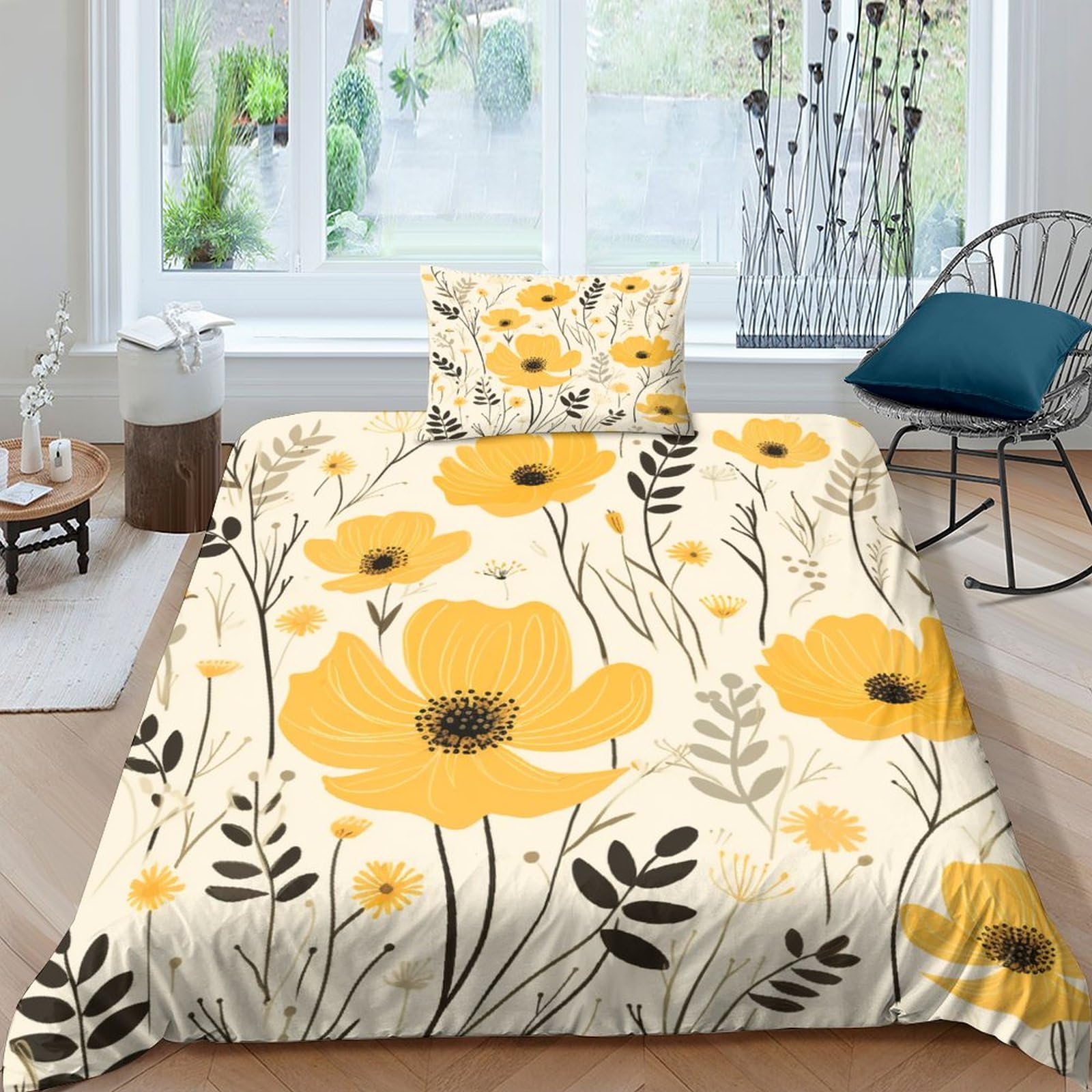 Parure de lit fleurs jaunes housse de couette 135x200 polycoton