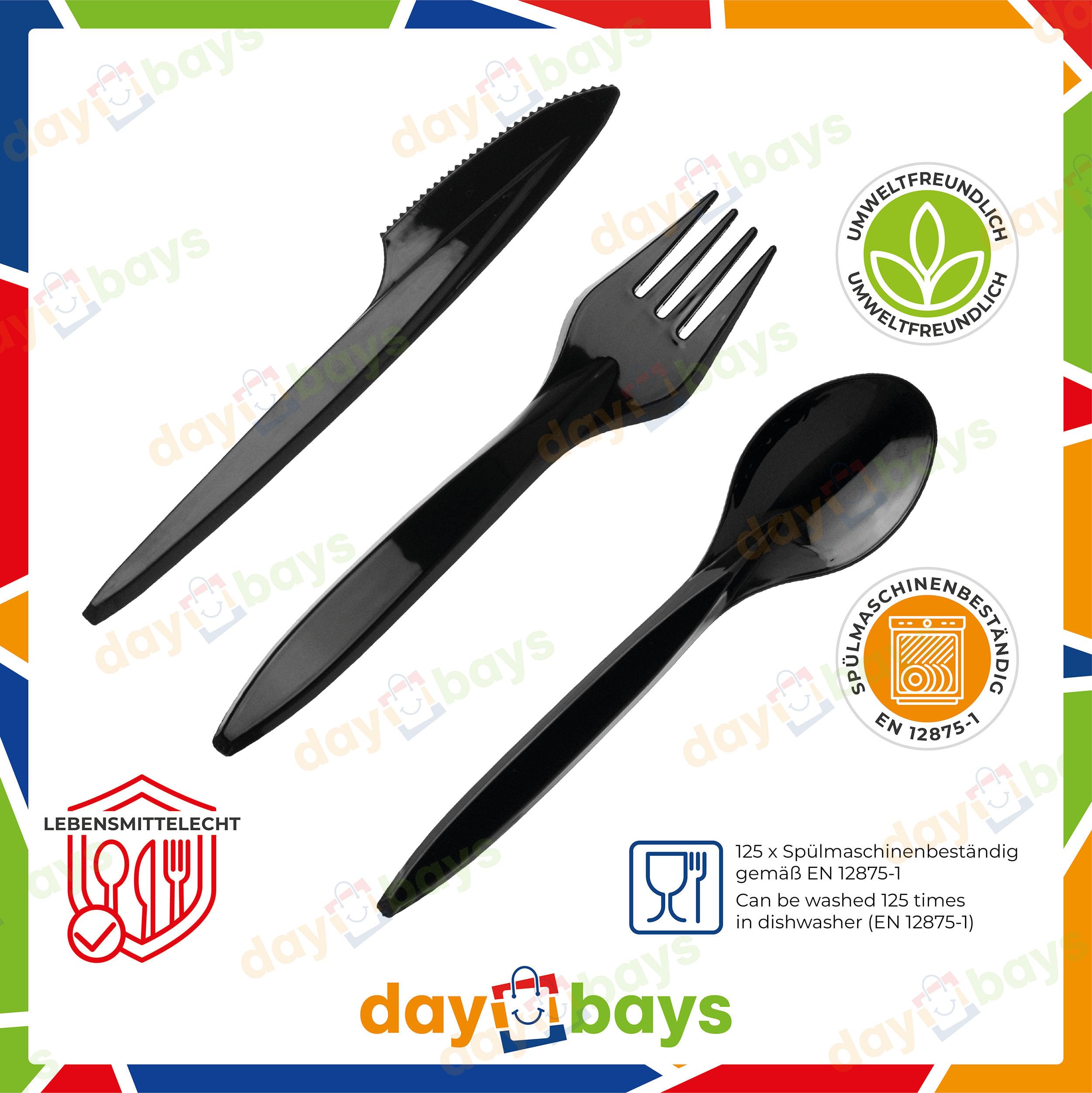 Plastikbesteck Set 1000x Plastikgabel 1000x Plastikmesser 1000x Plastiklöffel Mehrweg Geschirrset Partybesteck Plastikgeschirr Mehrwegbesteck Spülmaschinenbeständig (1000, Schwarz)