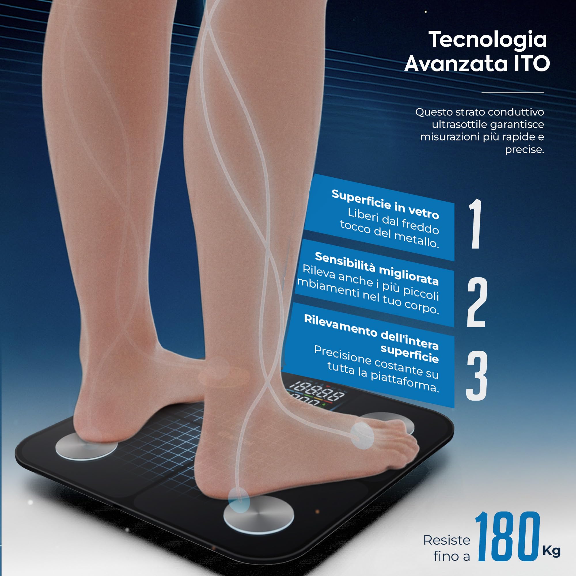 Bilancia Pesapersone Digitale Intelligente 180Kg Bluetooth con App, Impedenziometrica Professionale con Elettrodi in Acciaio Inossidabile, Display LED e 25 Indicatori Corporei