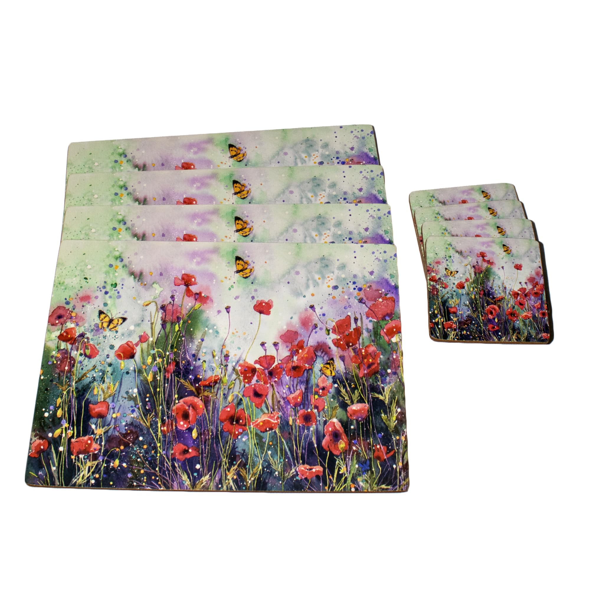 Set of 4 Placemats & Coasters Butterfly Poppy Field Dining Table Setting Mats