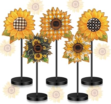 Yousoontic 5 Pcs Summer Sunflower Table Decor Sunflower Standing Wooden Sign Summer Floral Centerpiece for Table for Home Kitchen Fireplace Mantel Shelf Tiered Tray Decor