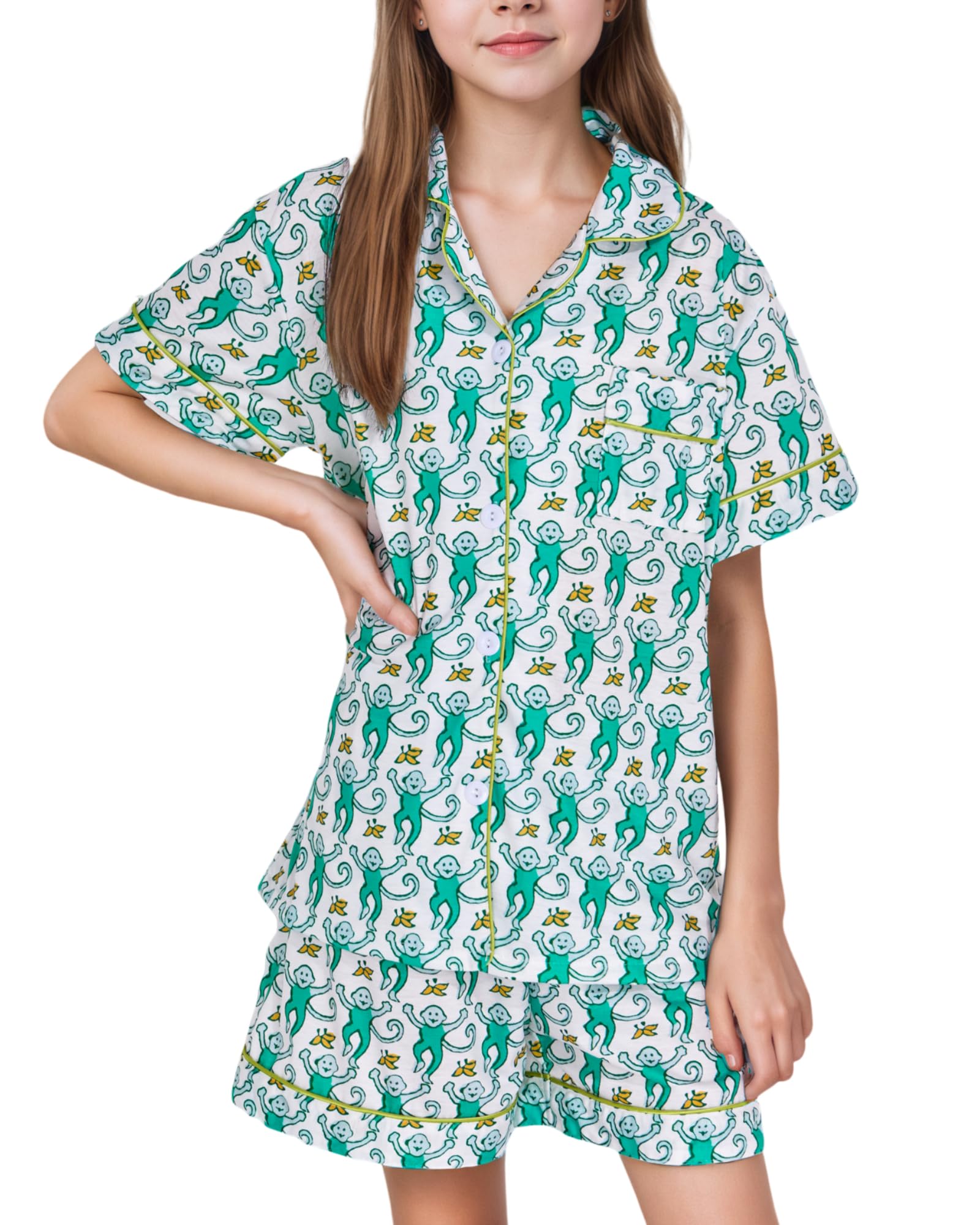 Zelbuck Girls Summer Outfit, Kids 2 Piece Button Down Monkey Beach Shorts Set Ugly Animal Y2k Preppy Loungewear Pjs