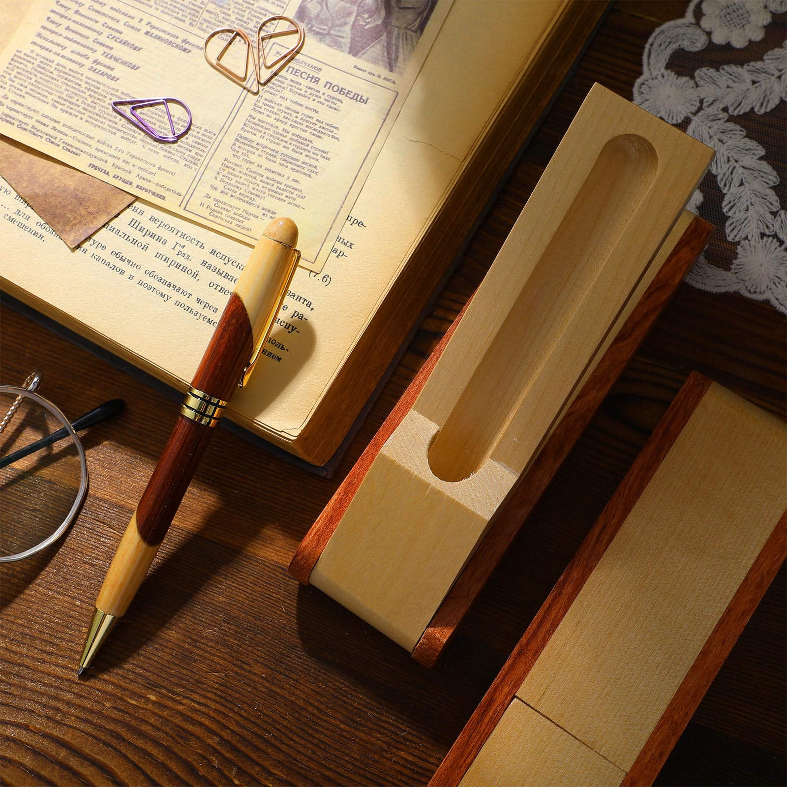 Outus Set di 6 penne a sfera in legno, regalo di apprezzamento con custodia e ricariche, penne da scrittura per diario, eleganti regali per ufficio, scuola, insegnanti, decorazioni