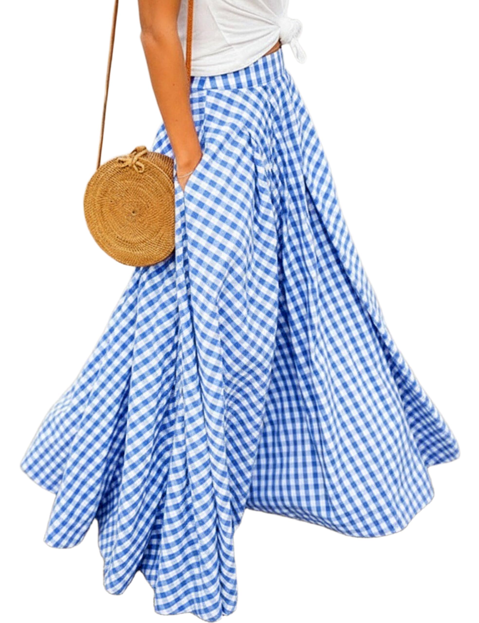 Mansy Women's Gingham Plaid Maxi Skirt High Waist A-Line Pleated Long Skirt