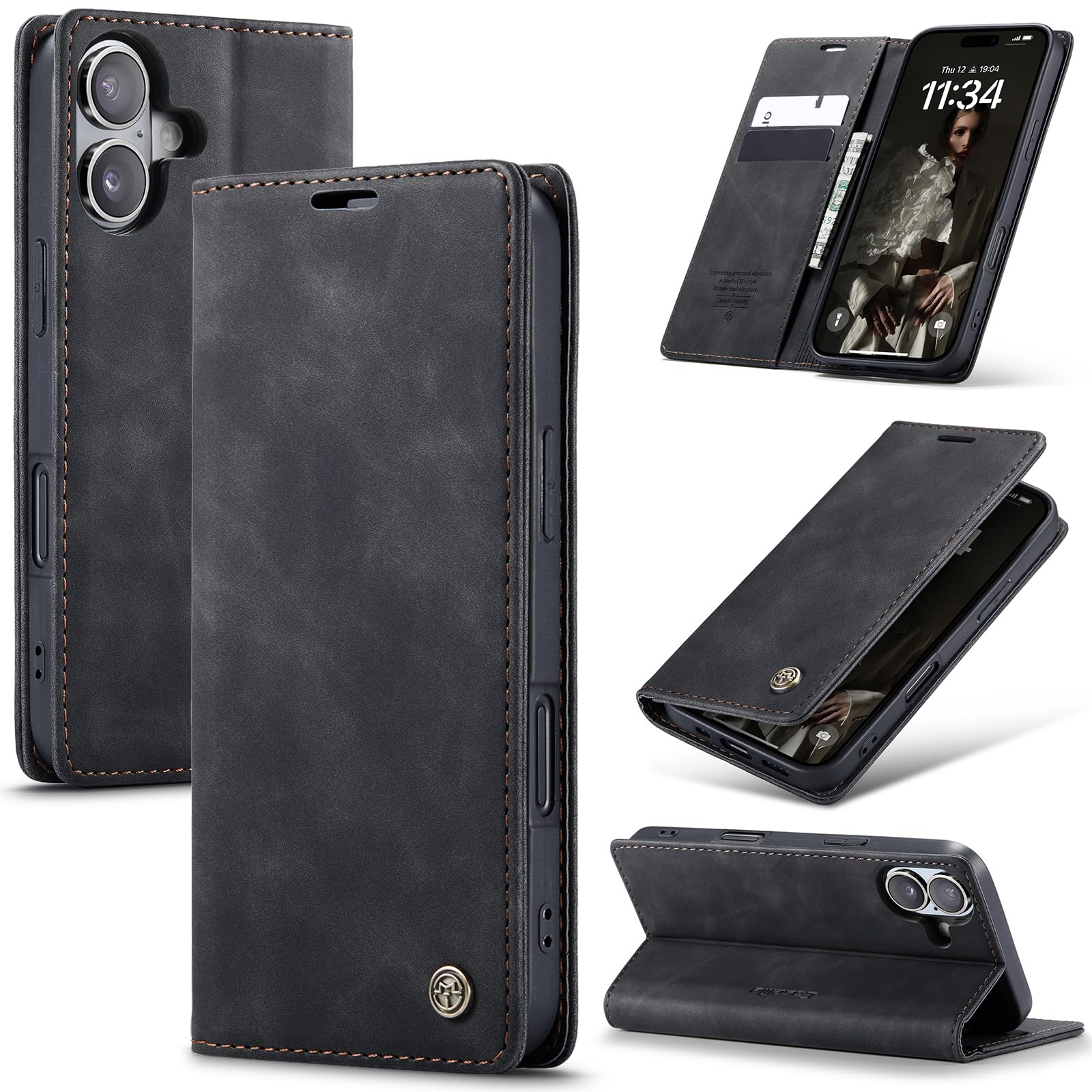 Azororo Cover per iPhone 16 5G, Premium PU Pelle Custodia, Magnetica Carta Fessura Portafoglio Case, Flip Cavalletto Custodia per iPhone 16 - Nero