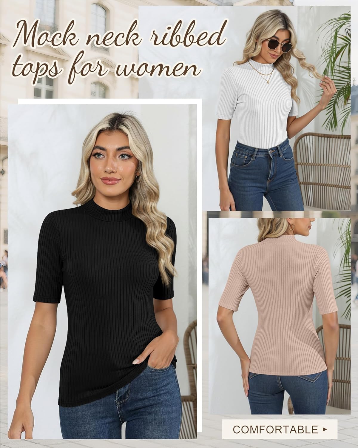 Neer 3 Pack Women's Half Sleeve T-Shirts, Mock Turtleneck Elbow Length Tee Ribbed Slim Fit Casual Summer Tunic Tops - Image 6