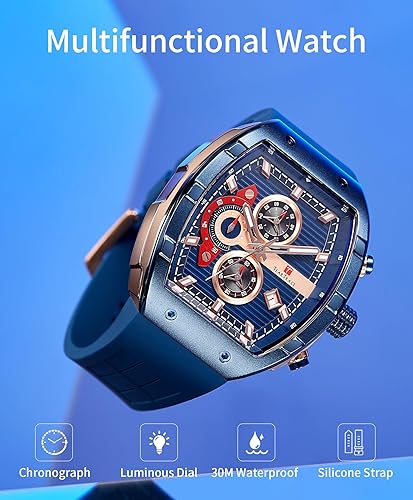 Miniatura 3 de Relojes para hombre con correa de silicona analógico de cuarzo impermeable cronógrafo luminoso Tonneau relojes para hombre, vestido deportivo de