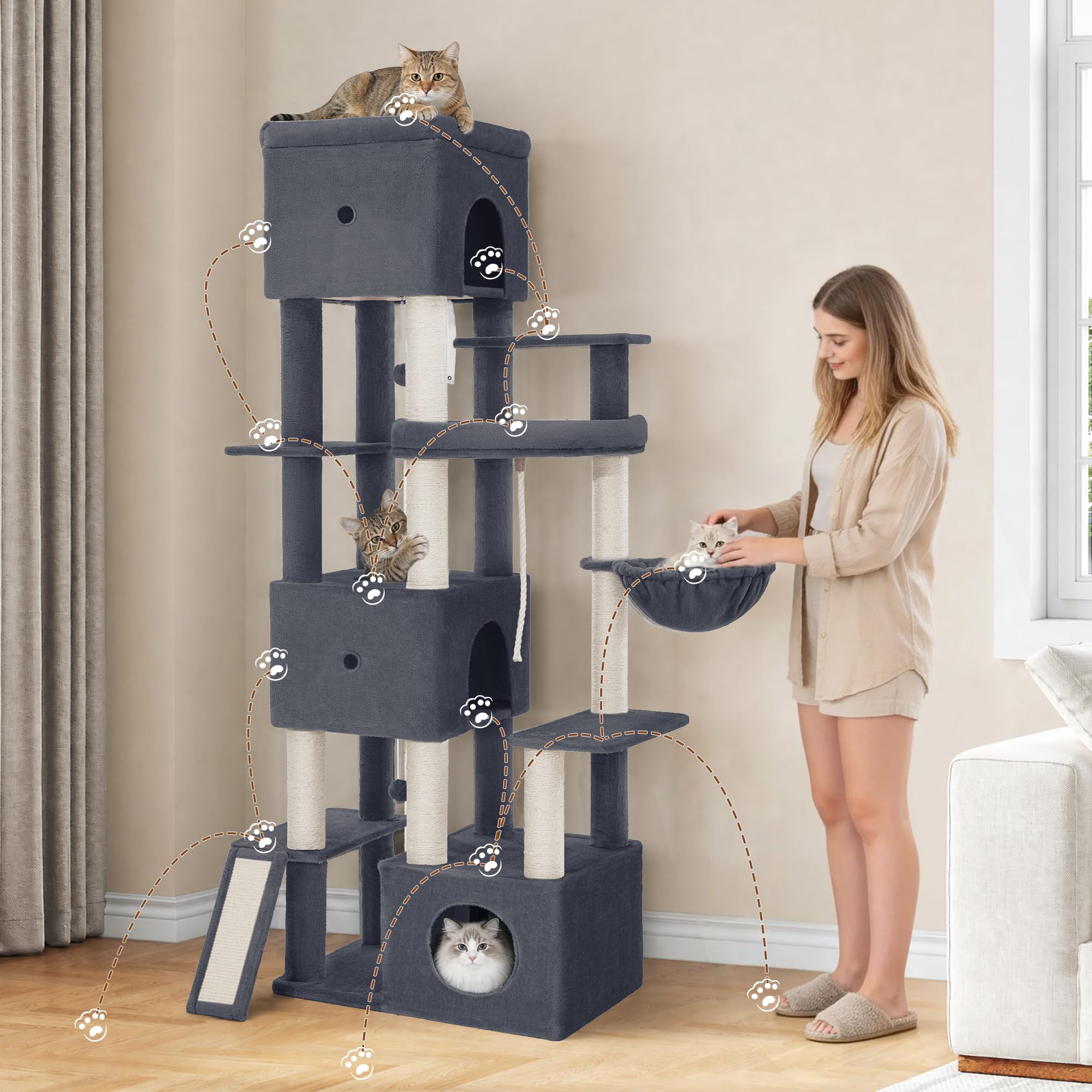 Kratzbaum, 200 cm XXL Katzenbaum, Dunkelgrau, mit 3 Große Höhlen | Mehrere Plattformen, 7 Sisalstämme, Kratzbrett, Körbe, Pompons, für Große Katzen Stabil, für den Innenbereich