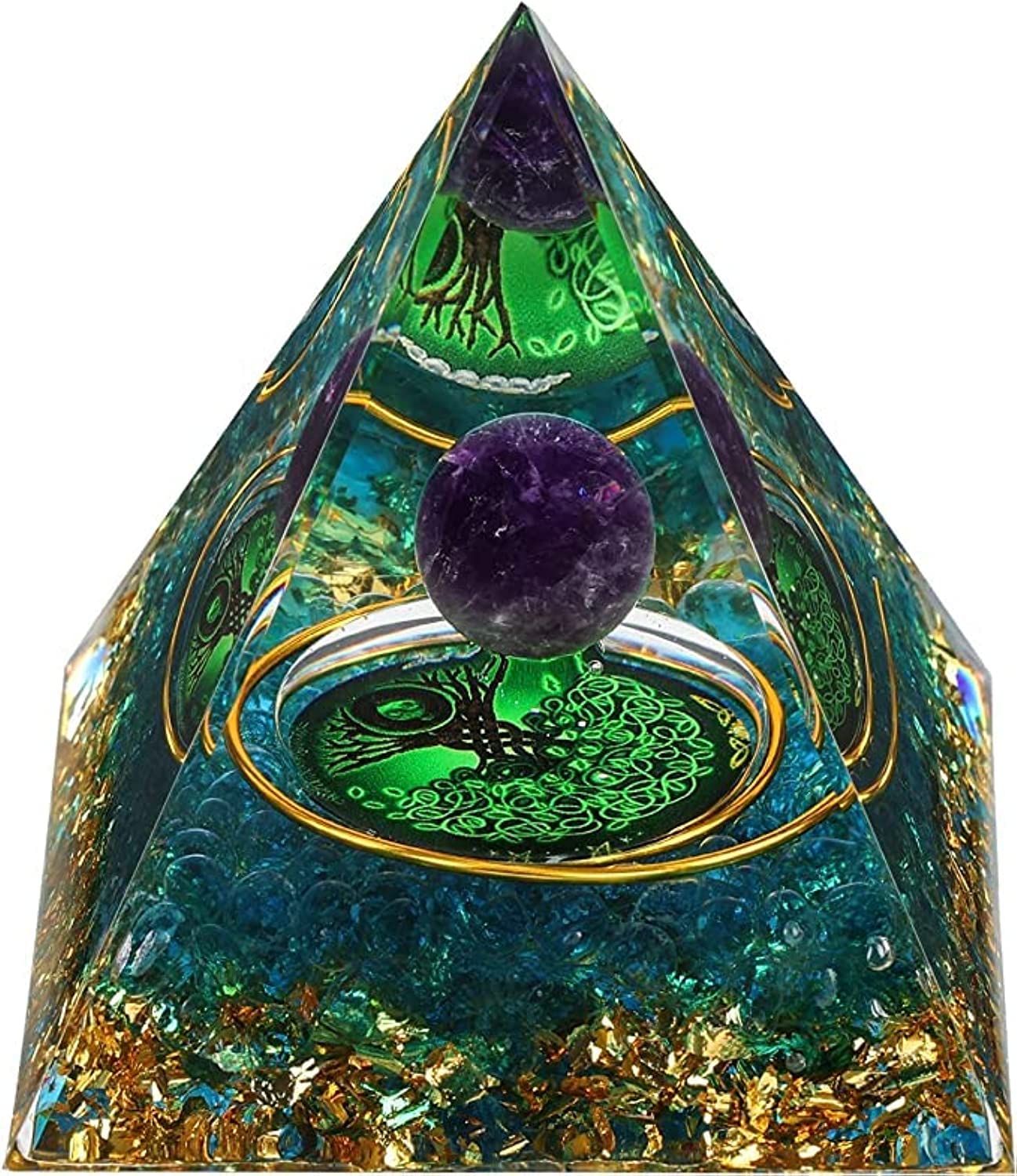 CHJGLNL Orgone Pyramid for Positive Energy, Amethyst Crystal Ball Orgonite Pyramid, Protection Crystals Energy Generator for Stress Reduce Healing Meditation Attract Wealth Lucky (Spiral Tree of Life)