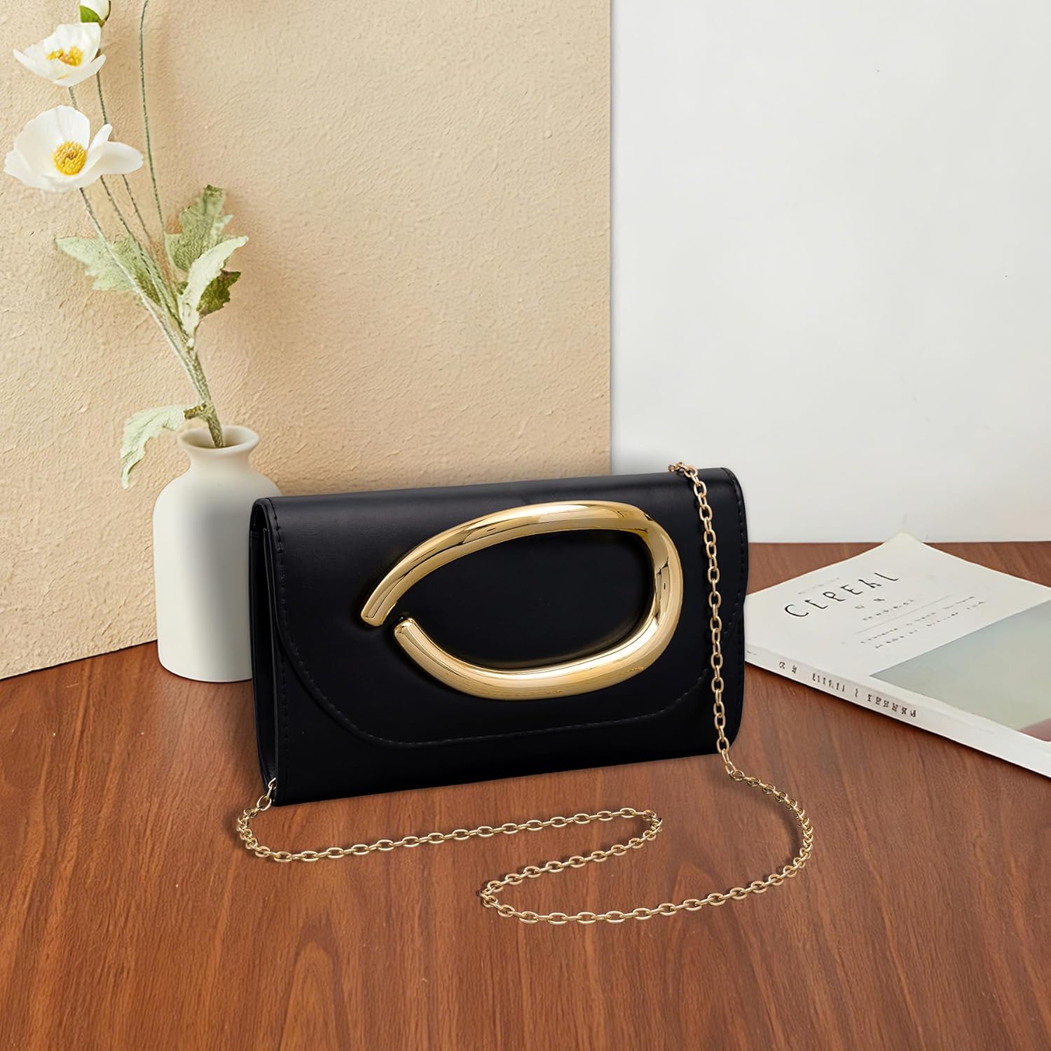 Larcenciel Leather Evening Clutch Purse for Women w/3D Gold Acrylic Handle & Chain, Formal Party Handbag for Wedding Cocktail