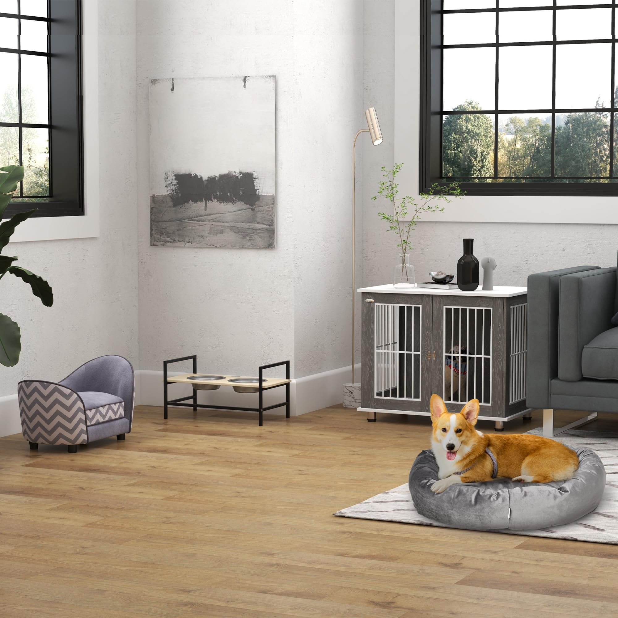 PawHut Sofá para Mascotas Sofá Acolchado para Perros y Gatos de Madera Cama Elevada para Perros y Gatos con Cojín Grueso Patas y Bolsillo de Almacenaje 68,5x40,5x40,5 cm Gris